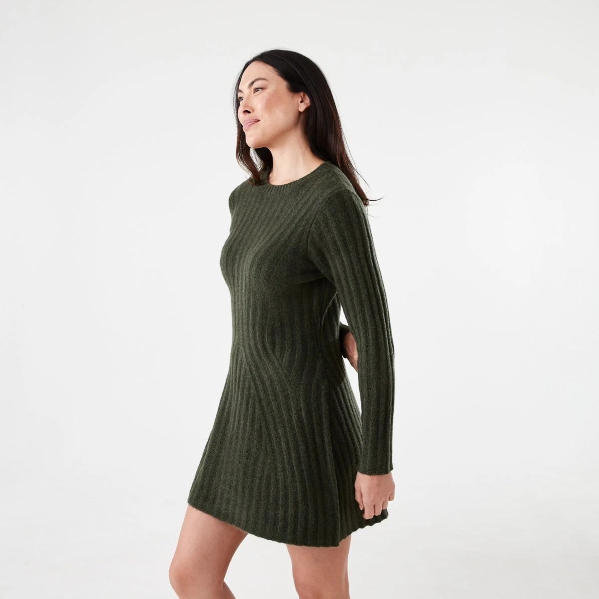 2 Long Sleeve Rib True Knit Skater Mini Dress Cargo Grn, 2 of 6