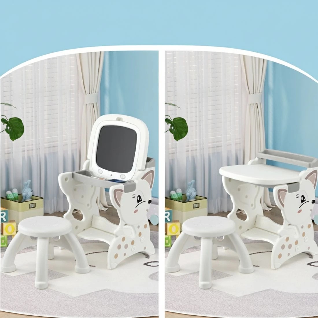 4 Keezi Kids Table and Chair Set 2 in 1 Easel Desk Stool w/ LCD Writing Tablet - White, 4 of 6