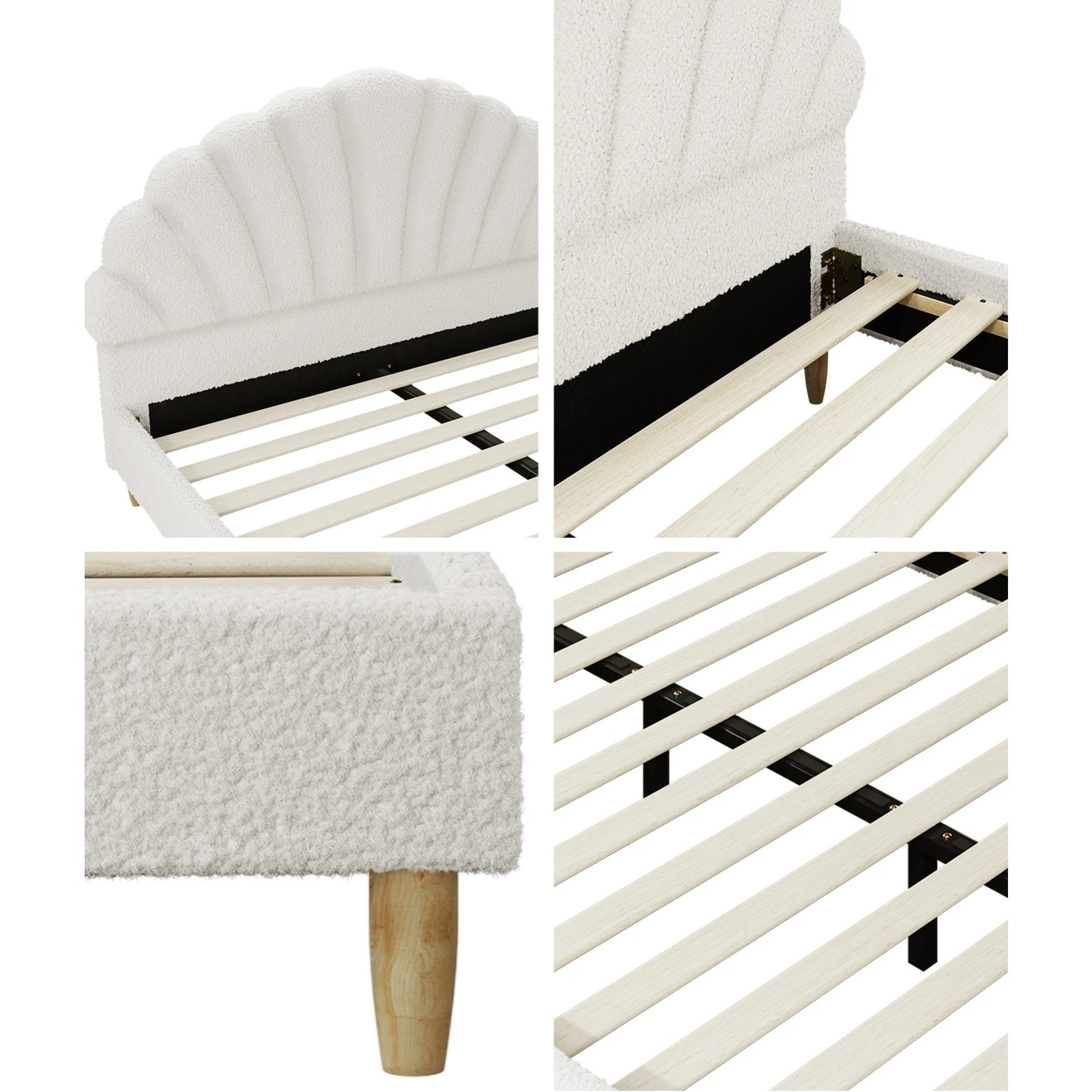 5 Oikiture Bed Frame Double Size Scallop-Shape Bedhead Boucle with Mattress - White, 5 of 8