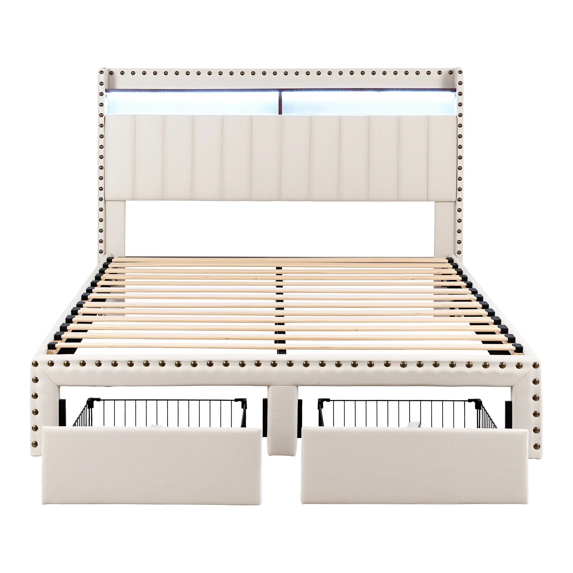 1 Artiss Queen Bed Frame with Shelf Storage Drawers Charging Station Mood Lighting - Beige, 1 of 6