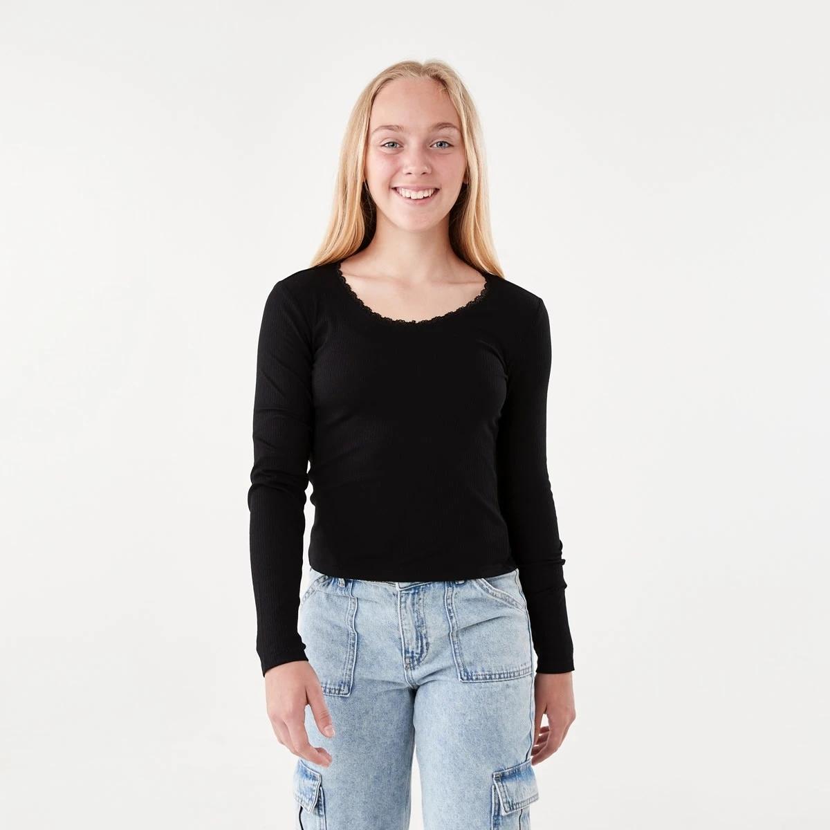 1 Long Sleeve Rib Top with Lace Black, 1 of 8