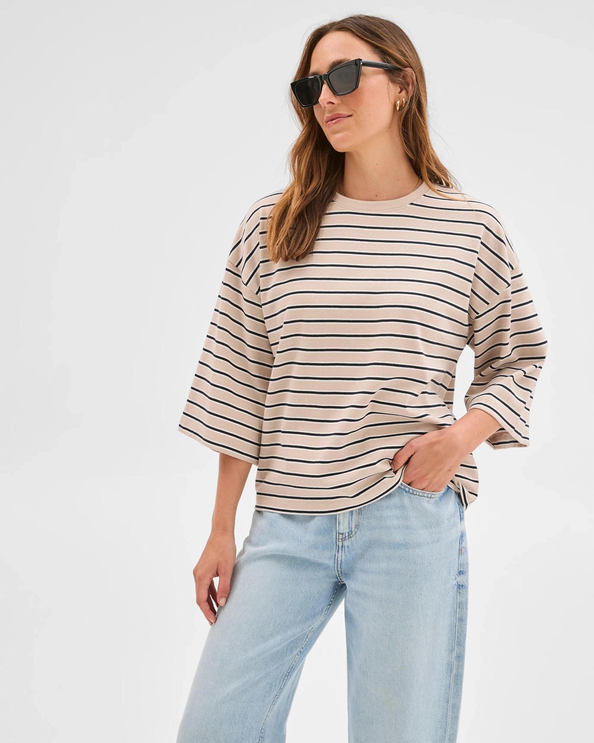 1 Target Woman Australian Cotton 3/4 Length Wide Sleeve Boxy T-Shirt BLACK/BIRCH/CLOUD DANCER, 1 of 7