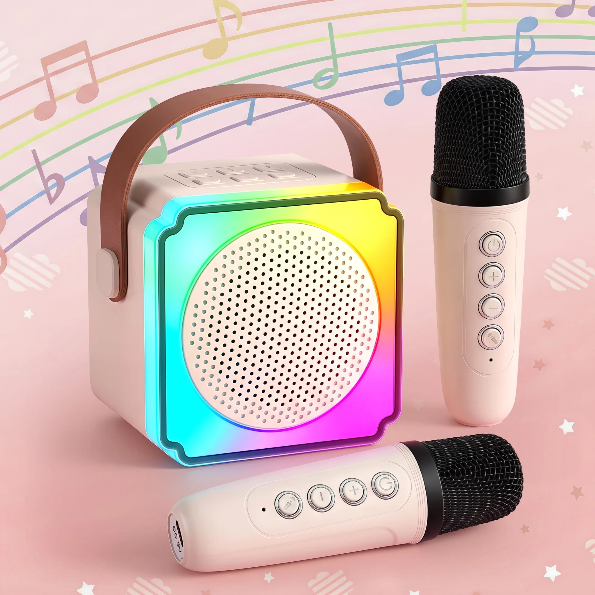 2 Alpha Mini Portable Karaoke Machine for Adults Kids Bluetooth Speaker with 2 Wireless Microphones - Beige, 2 of 9