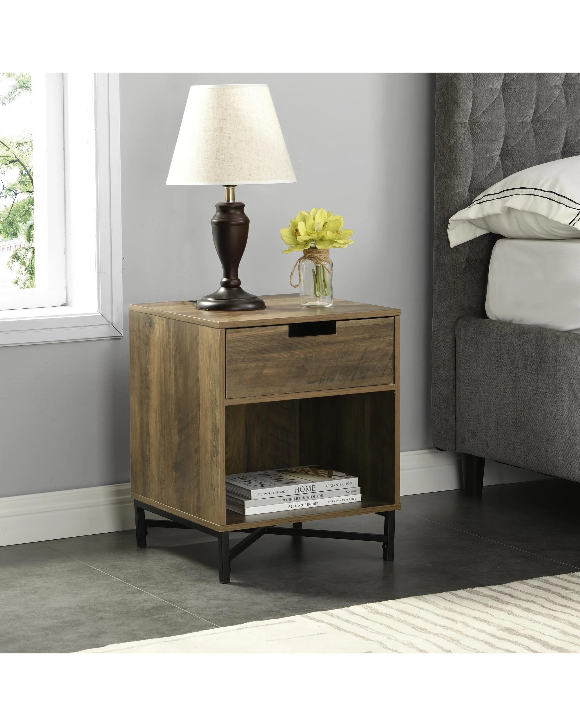 2 Kodu Bedside Table 1 Drawer Industrial Side Table Nightstand - Black, 2 of 8