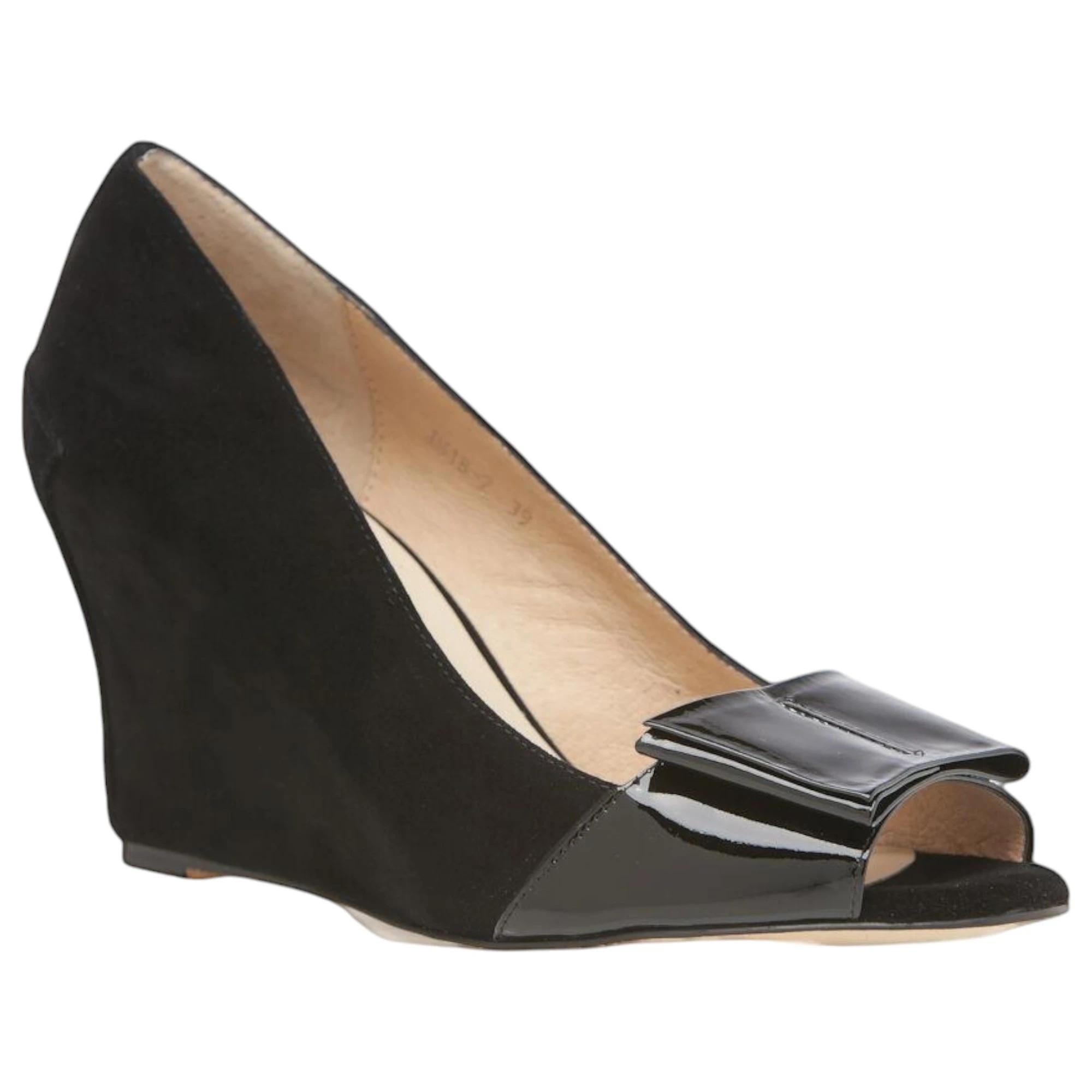 1 Zasel Angie Ladies Womens Leather Suede Wedge Heels With Bow Dress Shoes BLACK, 1 of 3