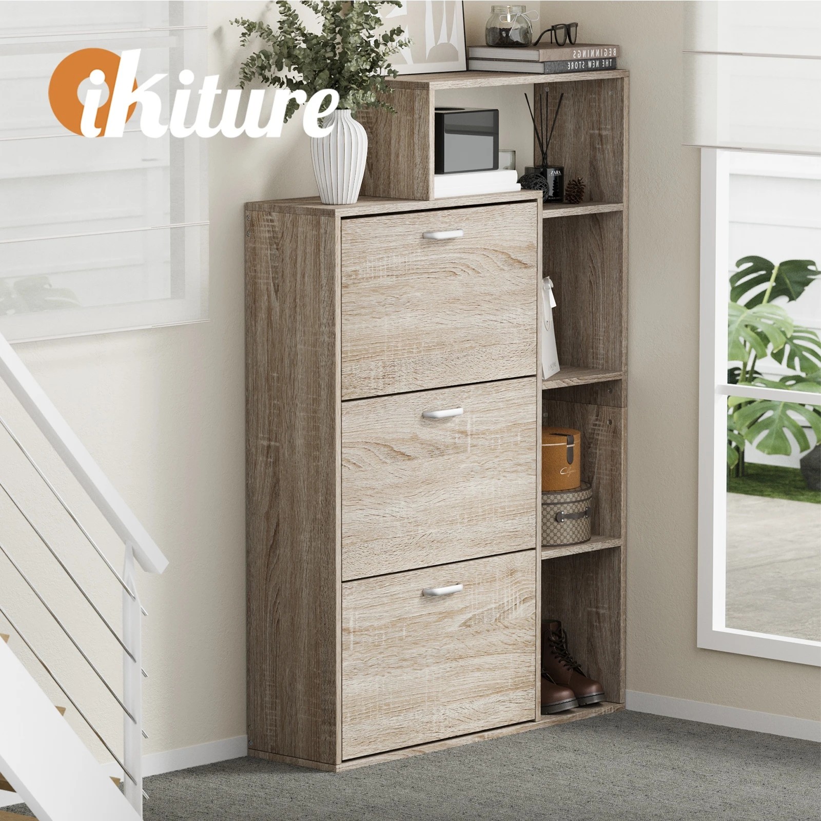 6 Oikiture Shoe Cabinet Storage 3 Doors Shoes Rack Display with Shelves - Natural, 6 of 8