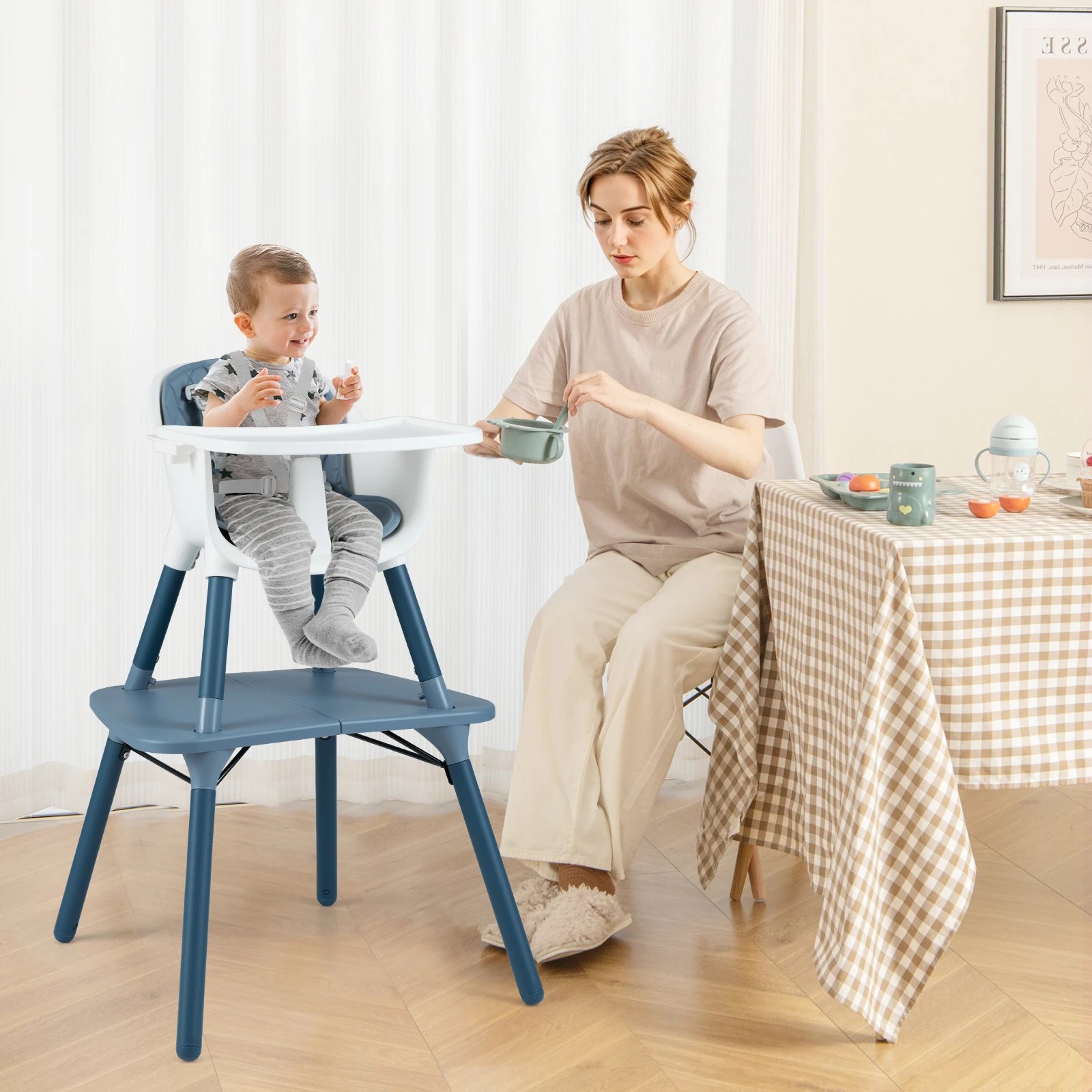 2 Costway 5-in-1 Baby Highchair Convertible Feeding Chair Table Set w/Adjustable Tray - Blue, 2 of 3