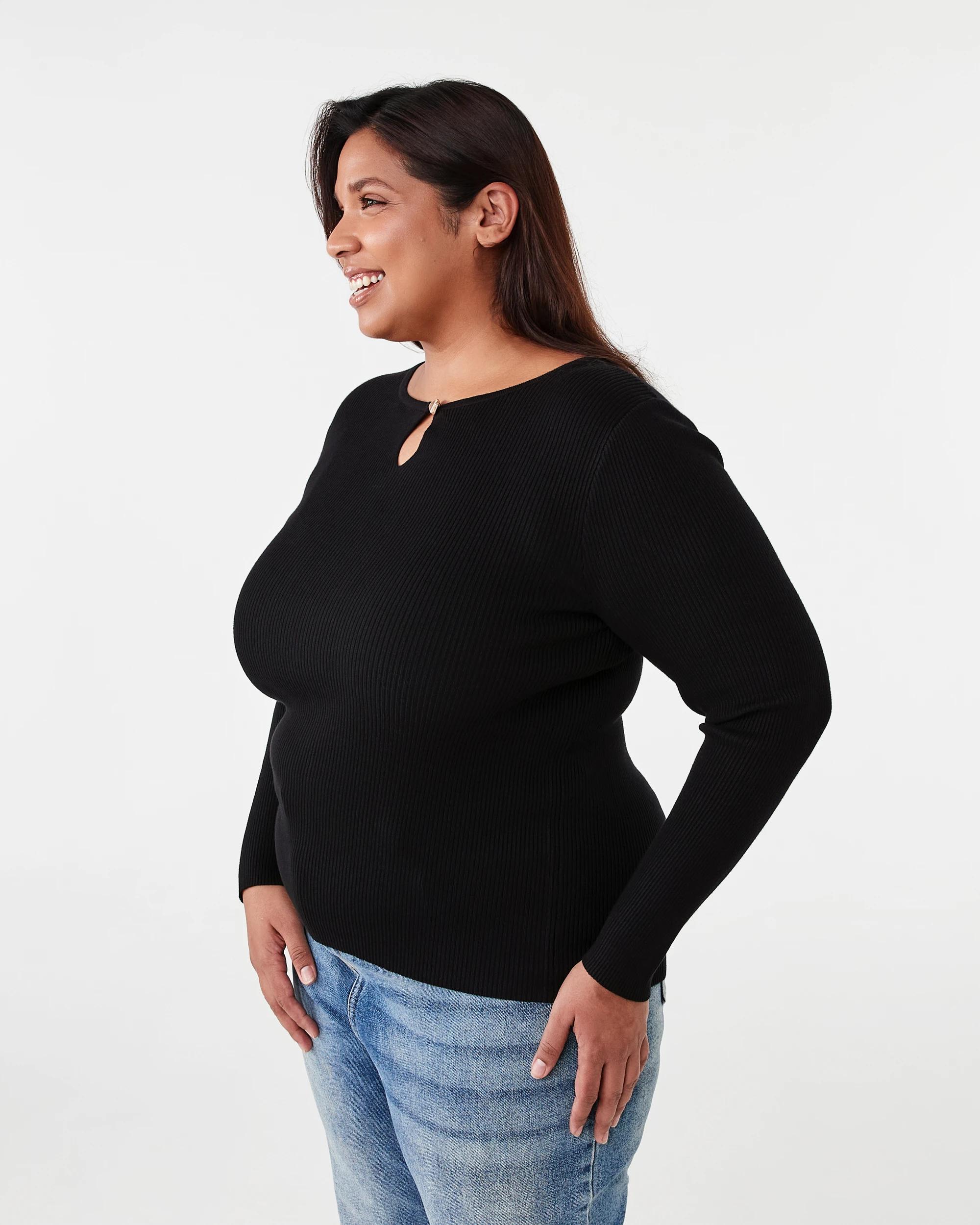 2 Curve Long Sleeve Gold Button Knit Top Black, 2 of 5