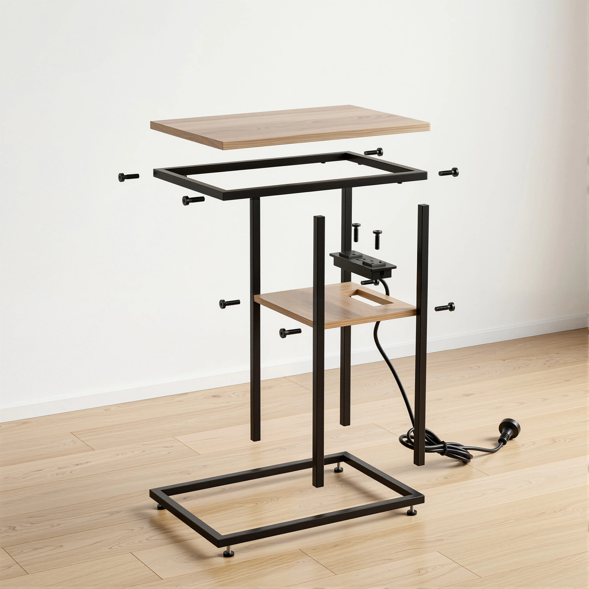 6 Artiss C-Shaped End Table Charging Station 2-Tier Smart Side Coffee Table Bedside Wood - Black, 6 of 8