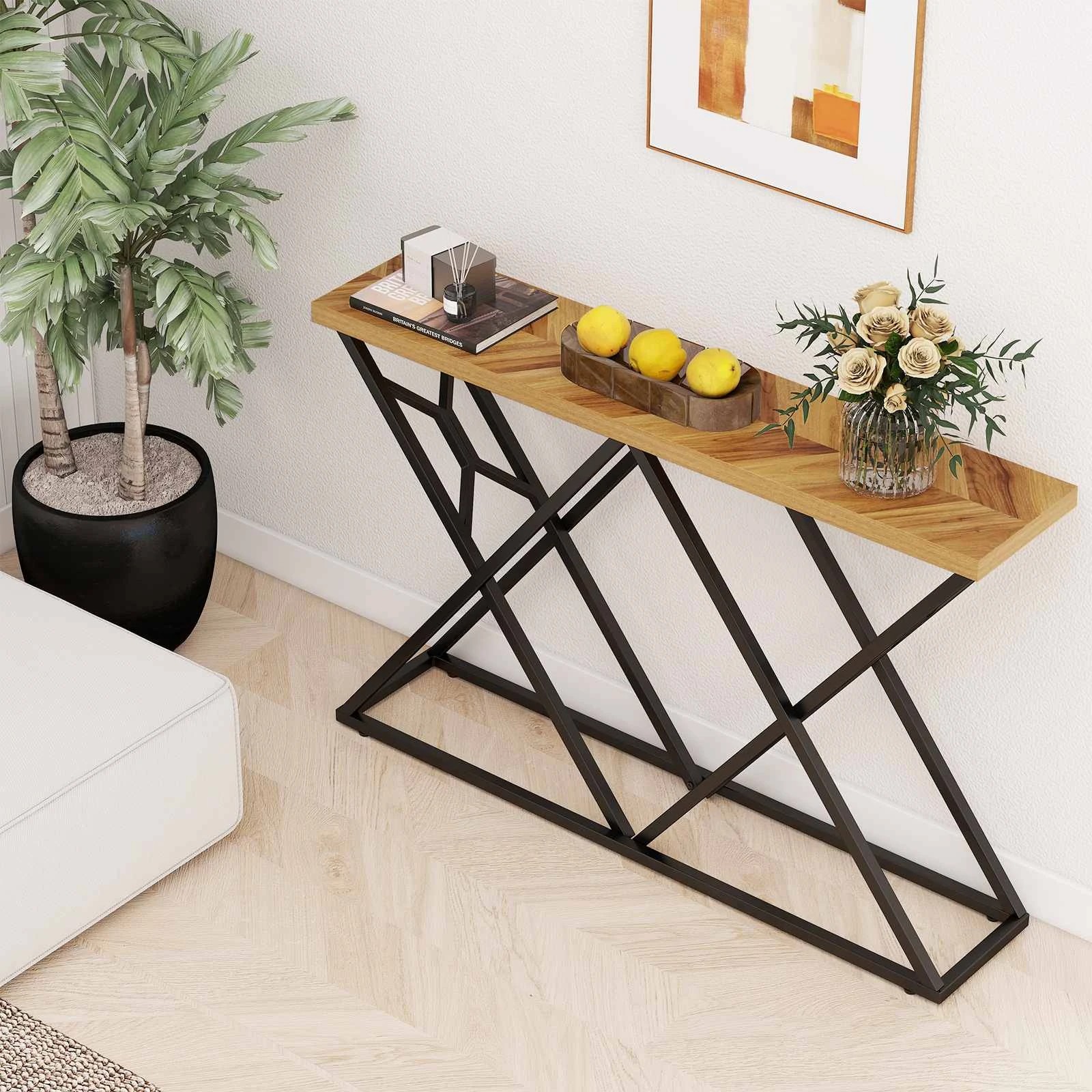 3 Costway 140cm Console Table Farmhouse Entryway Table Behind Couch Sofa Side Table, 3 of 3