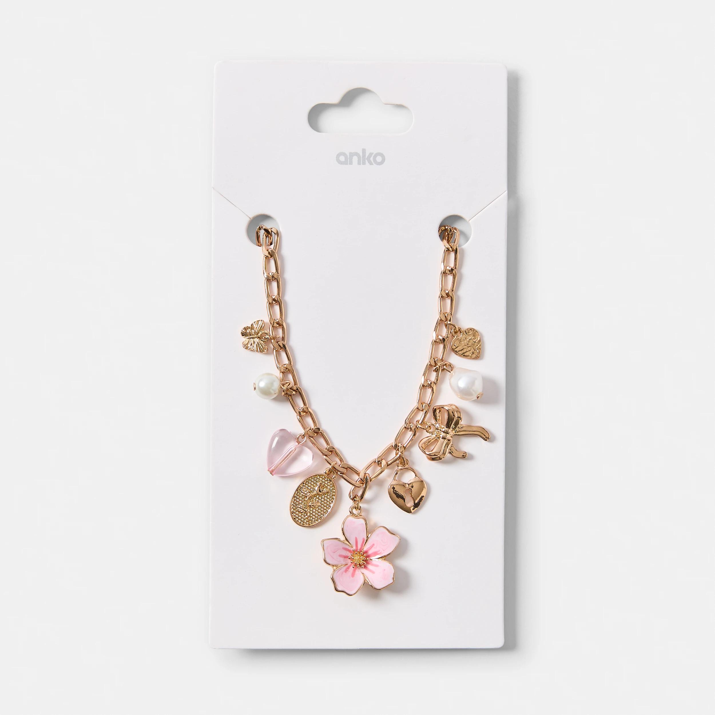 7 Flower Charm Necklace - White, Pink and Gold Tone GOLD METAL, 7 of 7