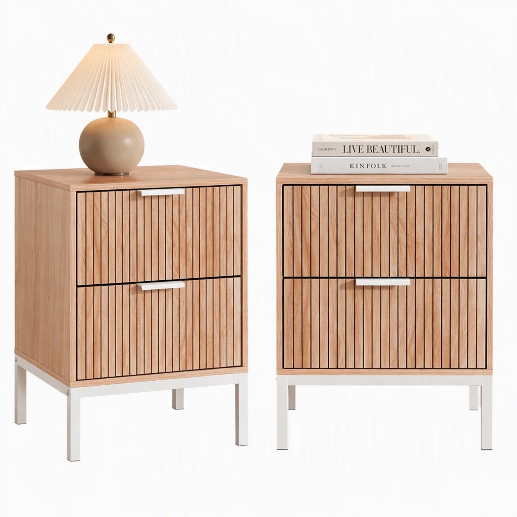 1 Artiss 2X Bedside Table 2 Drawers Storage Nightstand Cabinet Metal Legs Pine - Natural, 1 of 6