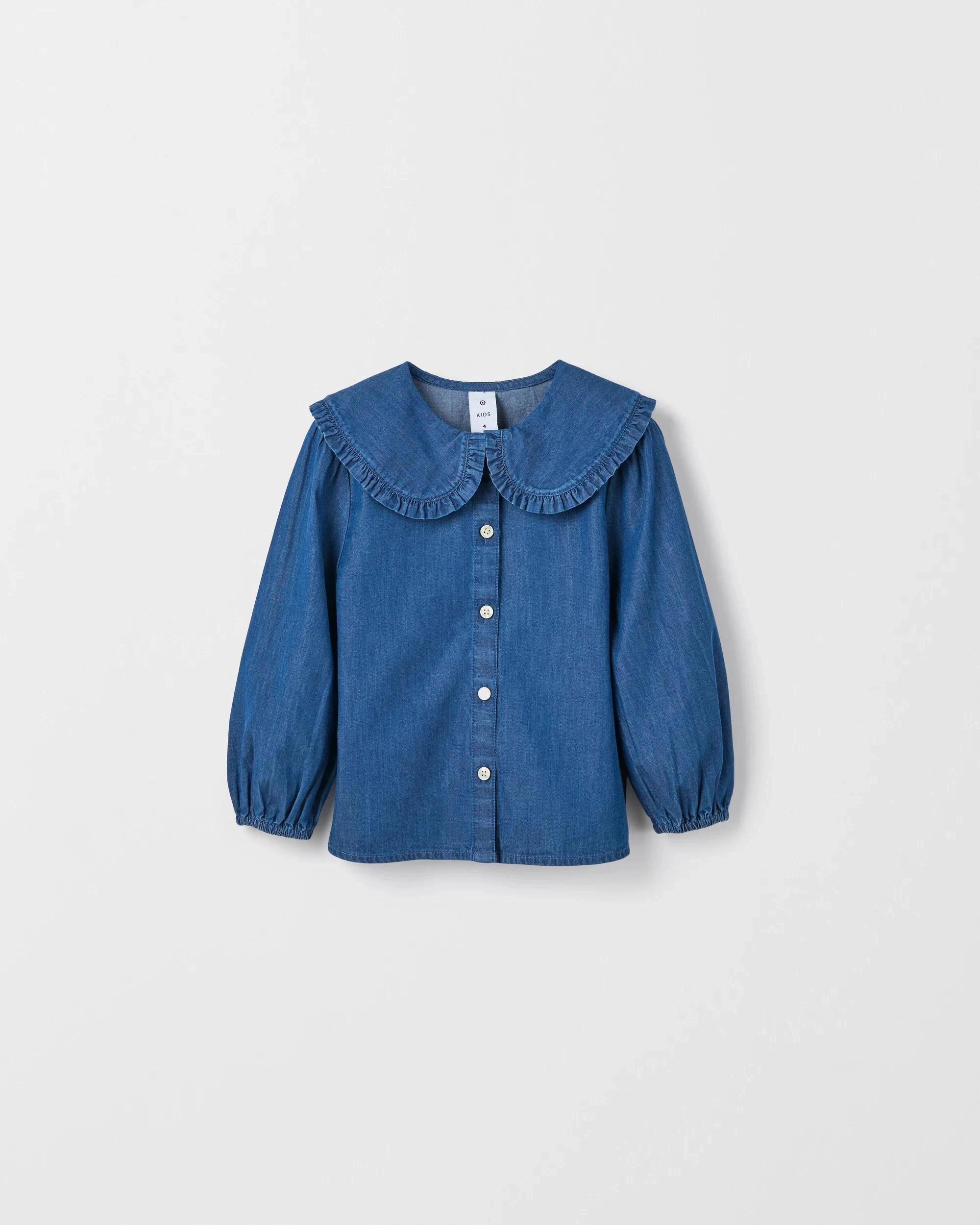 1 Target Kids Fashion Woven Long Sleeve Collared Blouse DENIM BLUE, 1 of 2