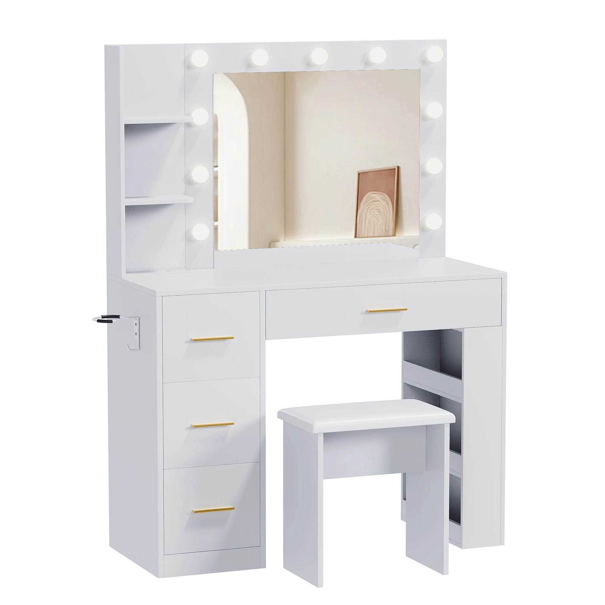 1 Advwin Dressing Table Vanity Desk with Mirror and 11 Bulbs Lights Charging Station - White, 1 of 10