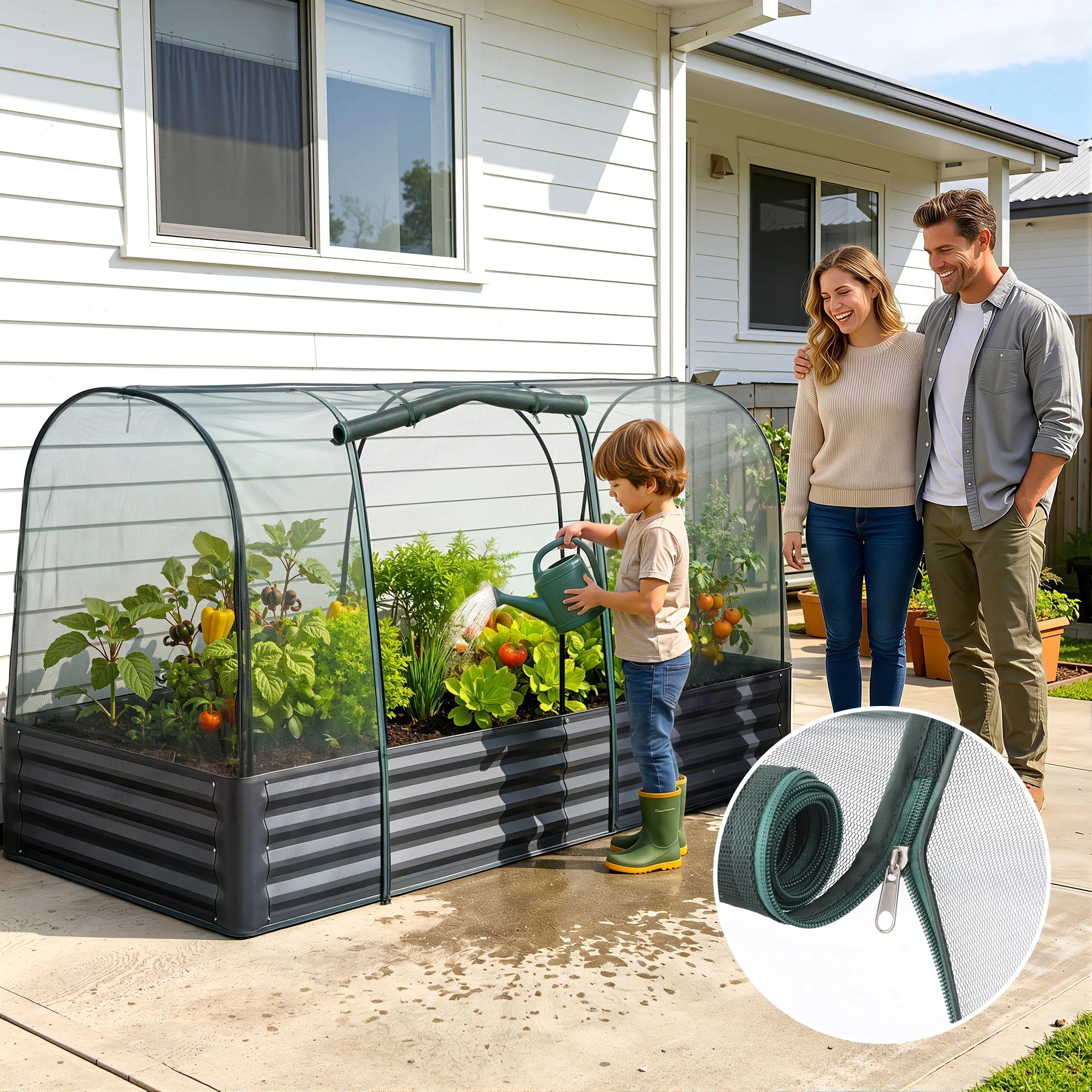 6 Green Fingers Raised Garden Bed with Mesh Netting Galvanised Planter Box Bird Proof 180x90x120cm - Black, 6 of 9