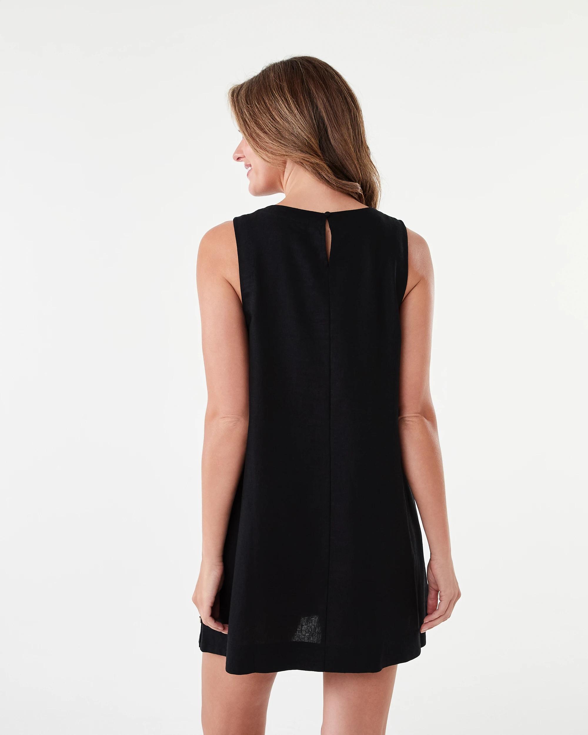 3 Sleeveless Linen Blend Button Detail Mini Dress Black, 3 of 7