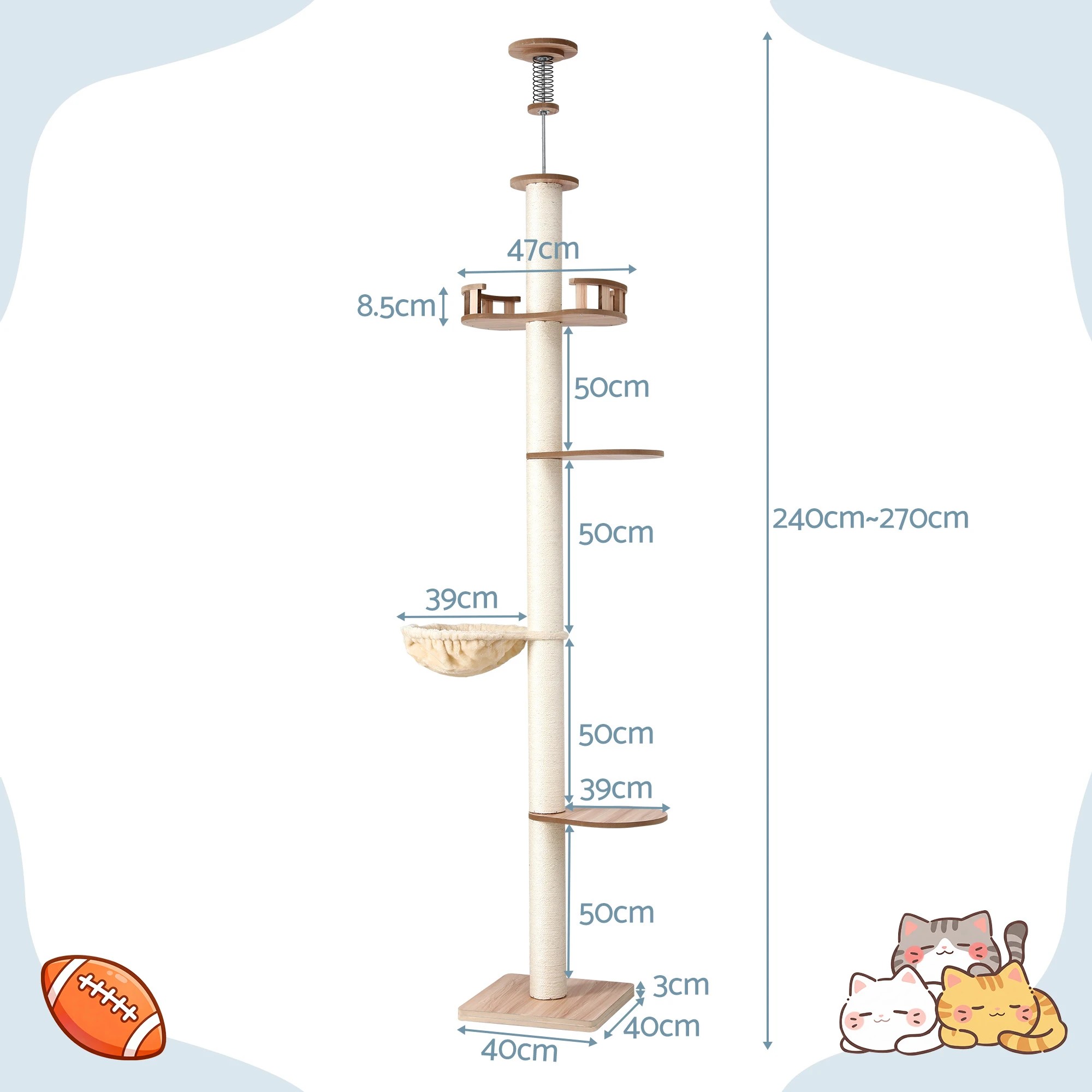 2 i.Pet Cat Tree Tower Floor to Ceiling Scratching Post 270cm - Beige, 2 of 9