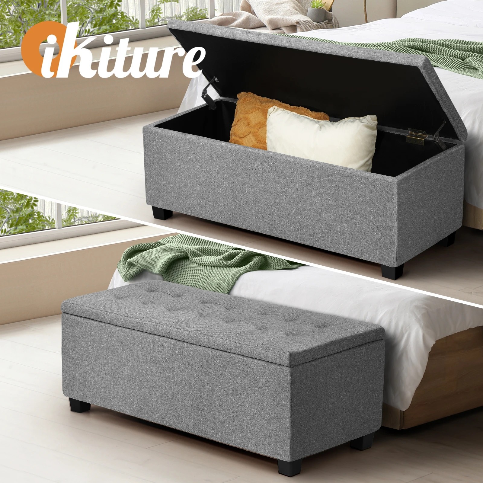 2 Oikiture Storage Ottoman Blanket Box Faux Linen Chest Toy Foot Stool Large
 - Grey, 2 of 10