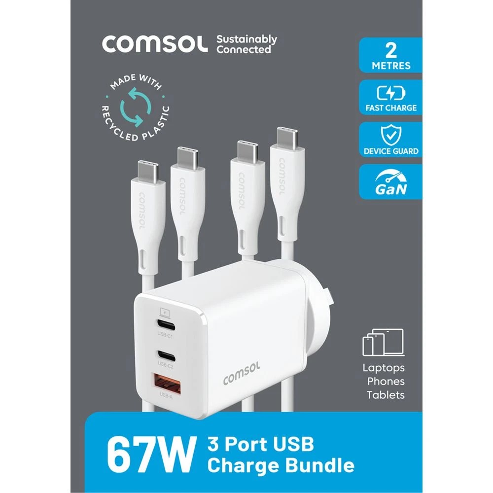 2 Comsol 67W USB-C GaN Charger with 2 USB-C Cables, 2 of 7