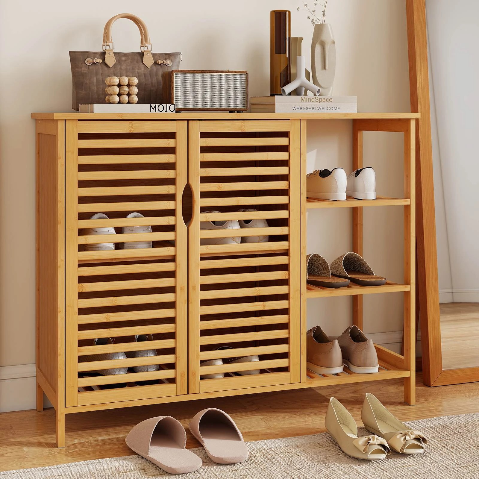 2 Costway Bamboo Bathroom Cabinet w/4-Tier Storage Shelves Freestanding Storage Unit, 2 of 4