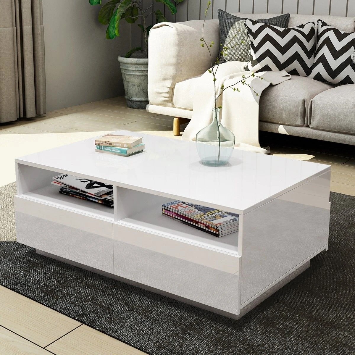 5 AUSWAY Contemporary High Gloss Coffee Table with 4 Drawers White, 5 of 5