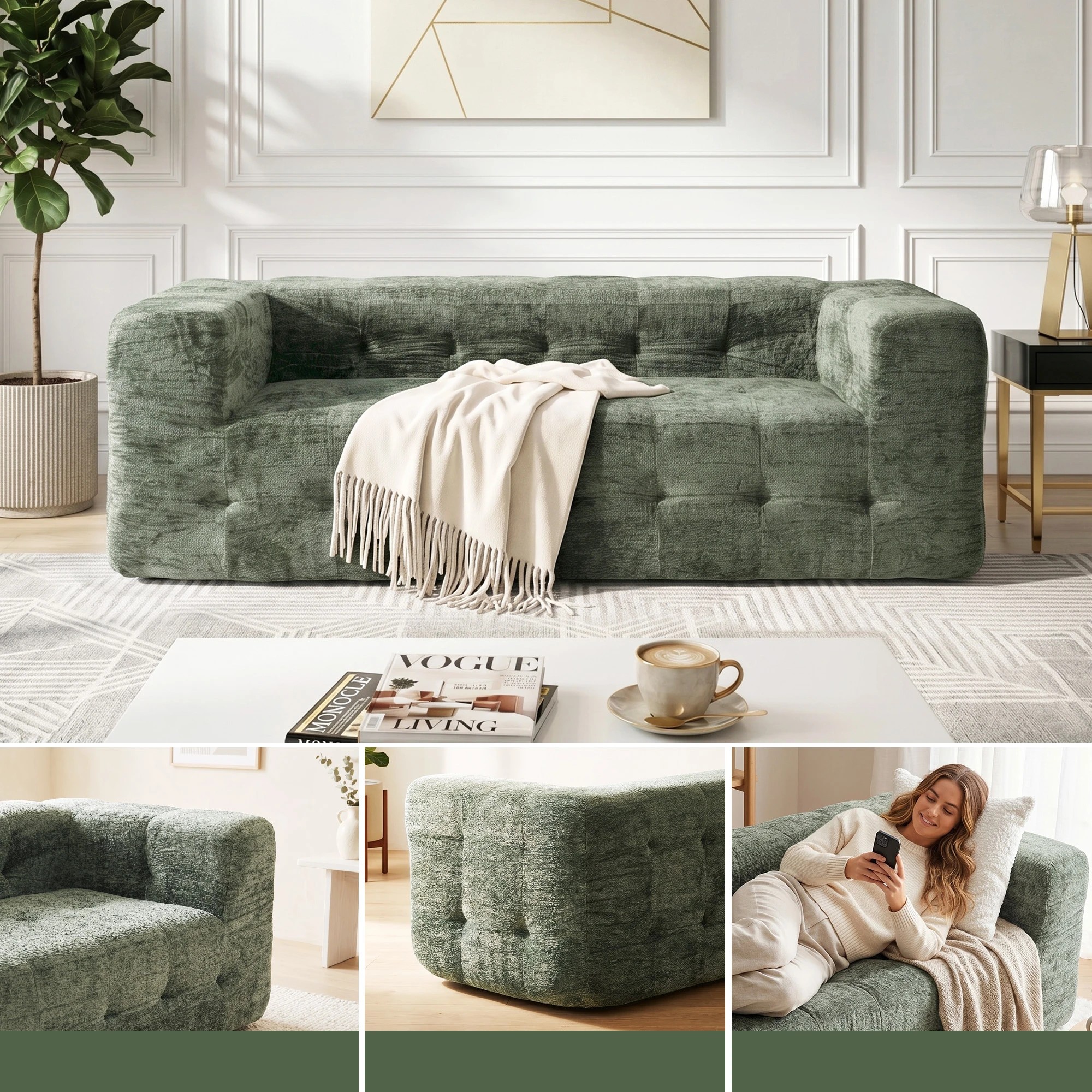 5 Artiss Comfort Boneless Sofa for Living Room Green Luxury Chenille - Green, 5 of 8