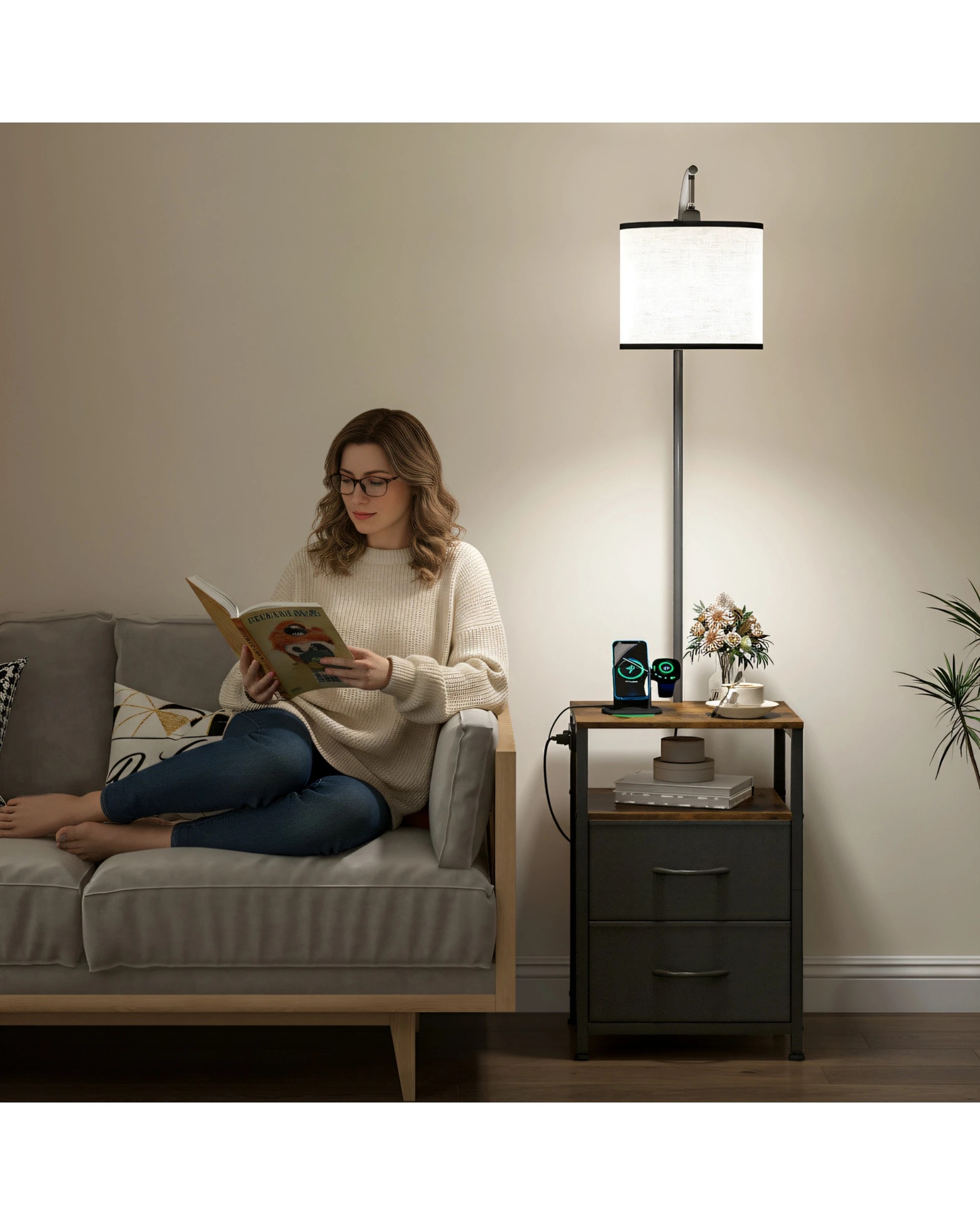 4 Advwin LED Side Table w/ Floor Lamp & 2 Drawers Nightstand with Charging Station - Black, 4 of 9