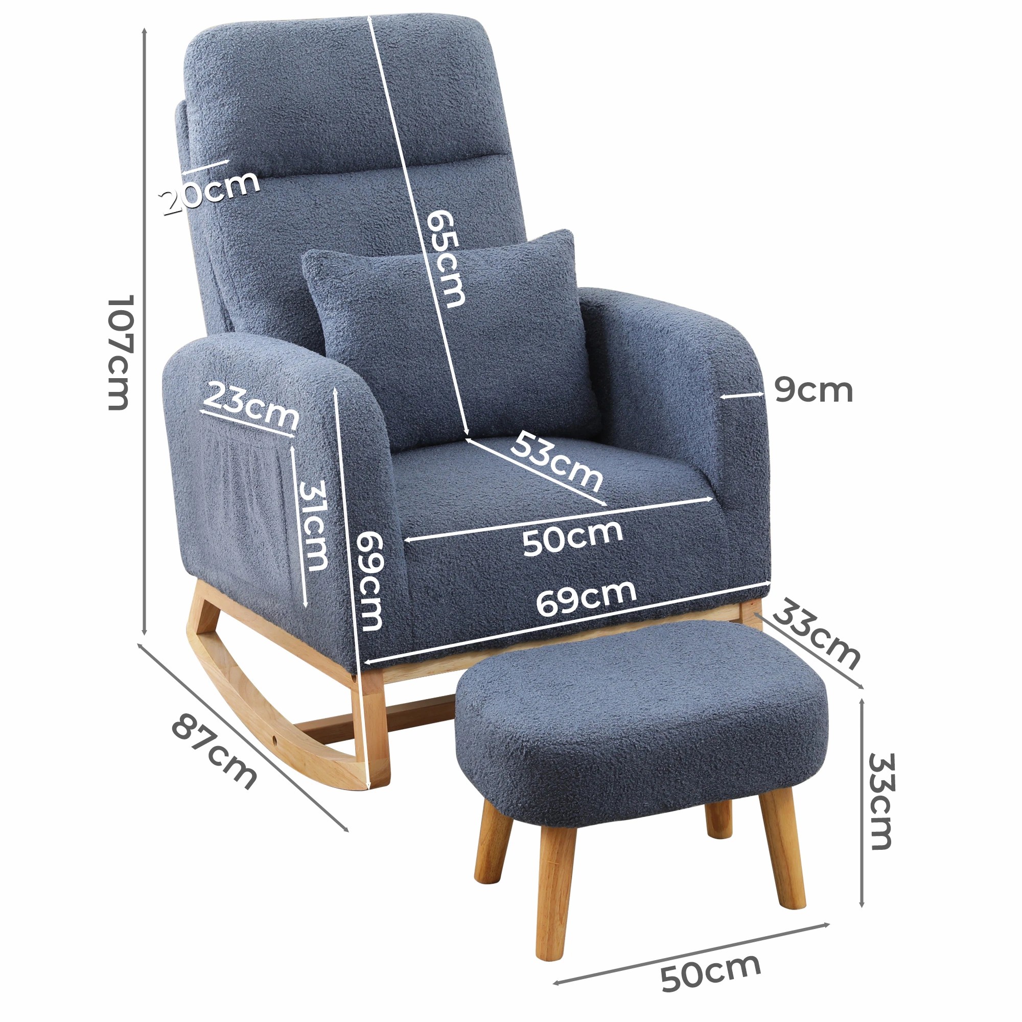 3 Levede Rocking Chair Blue With Cushion & Stool, 3 of 7