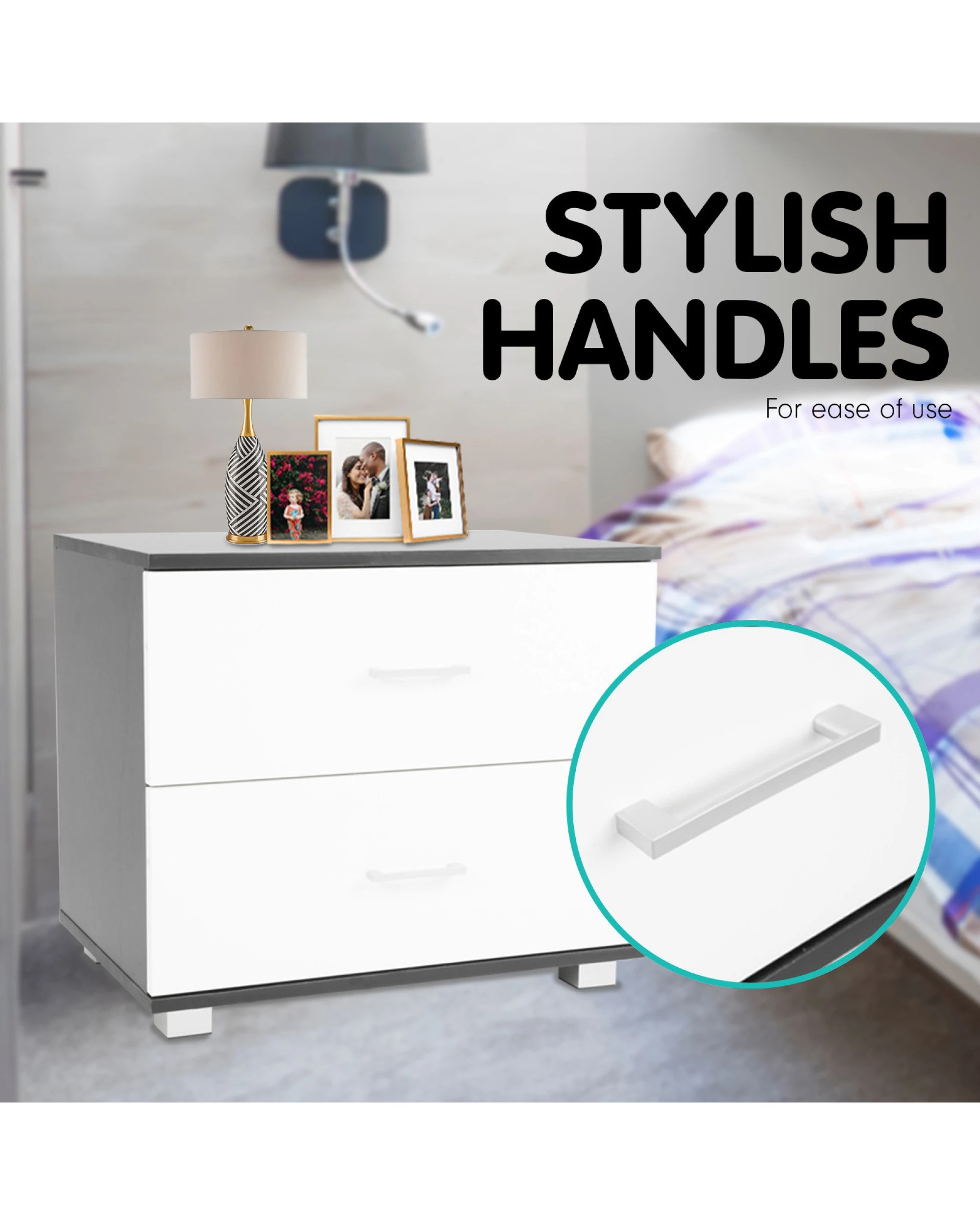 2 Bedside Table With Drawers Mdf - Black White, 2 of 6