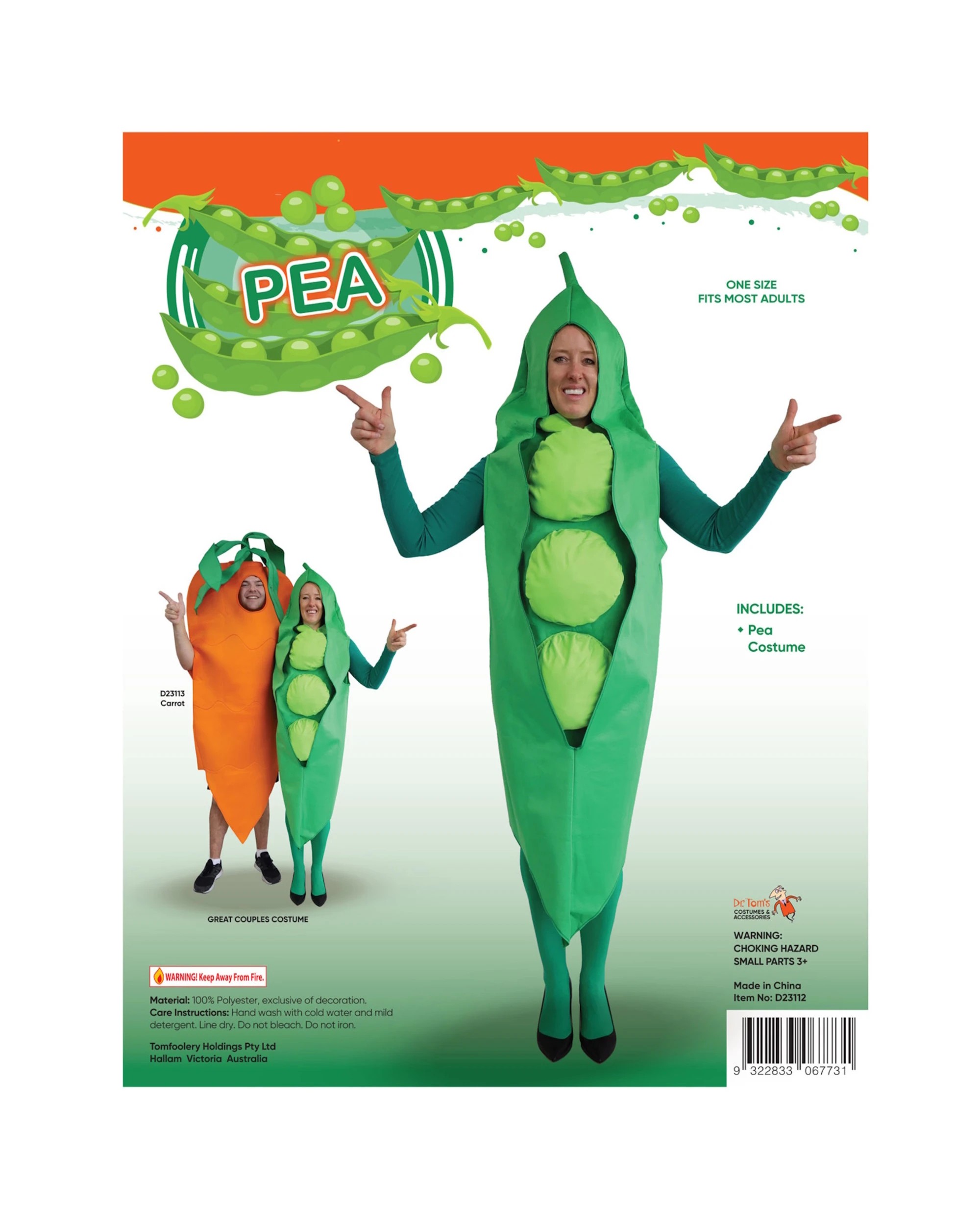 2 Tomfoolery Adult Pea Pod Costume - ONE SIZE - Green, 2 of 3