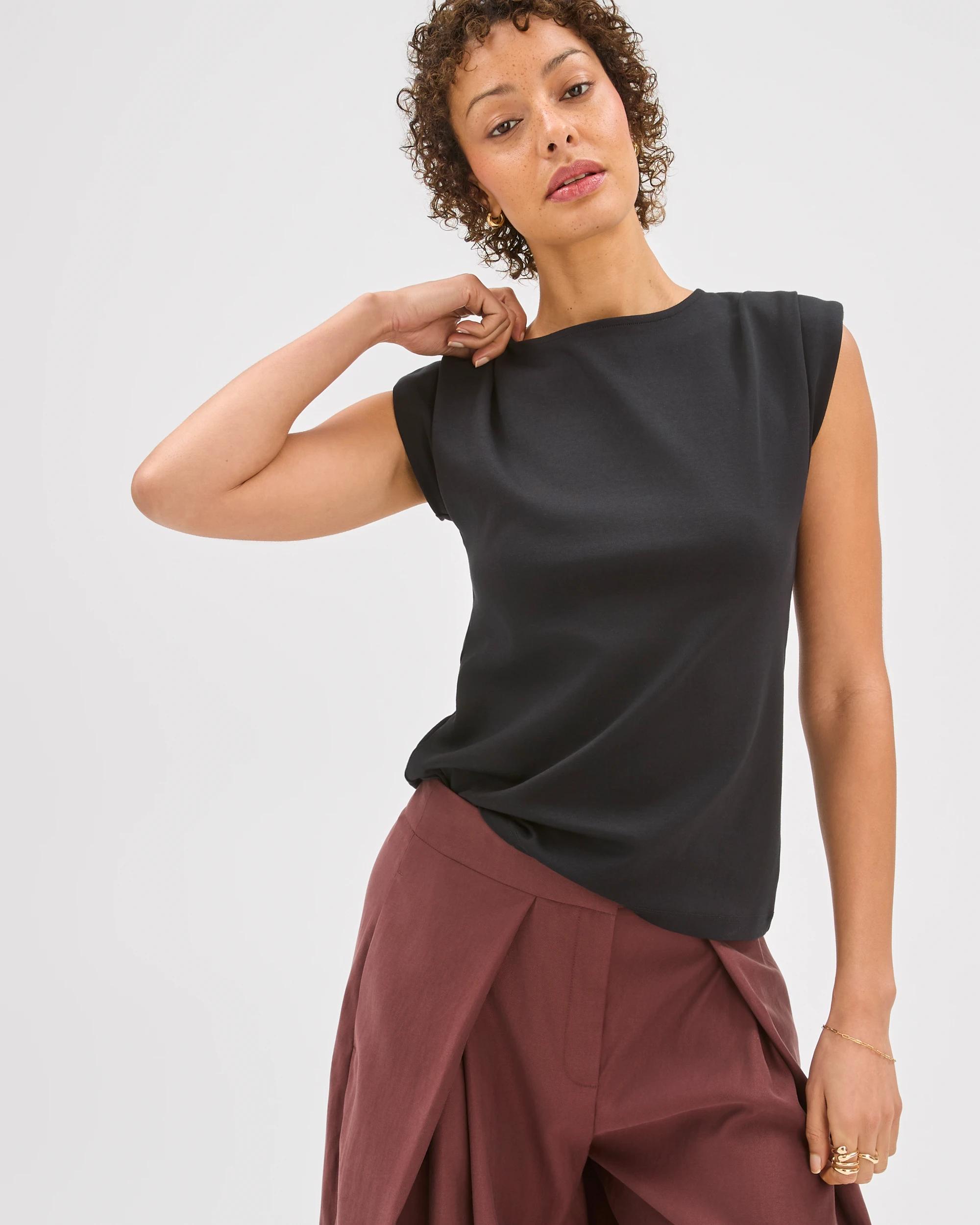 2 Preview Australian Cotton Sleeveless Shoulder Pad Tuck Detail Top BLACK, 2 of 6