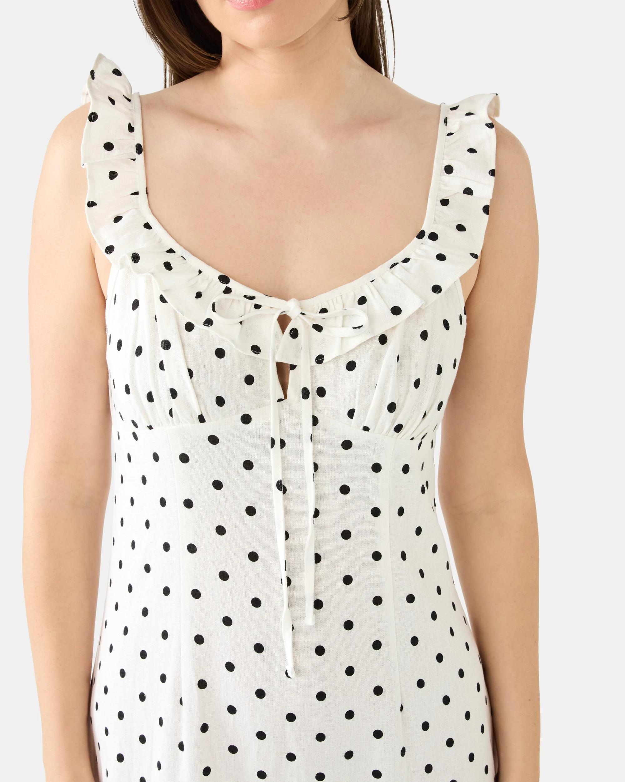 6 Sleeveless Linen Blend Frill Detail Midi Dress White Spot, 6 of 7