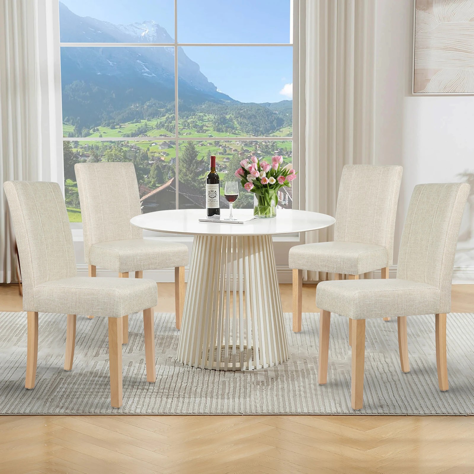 2 Alfordson 4x Dining Chairs Cafe Kitchen Chair Retro High-Back Wood Fabric - Beige, 2 of 10