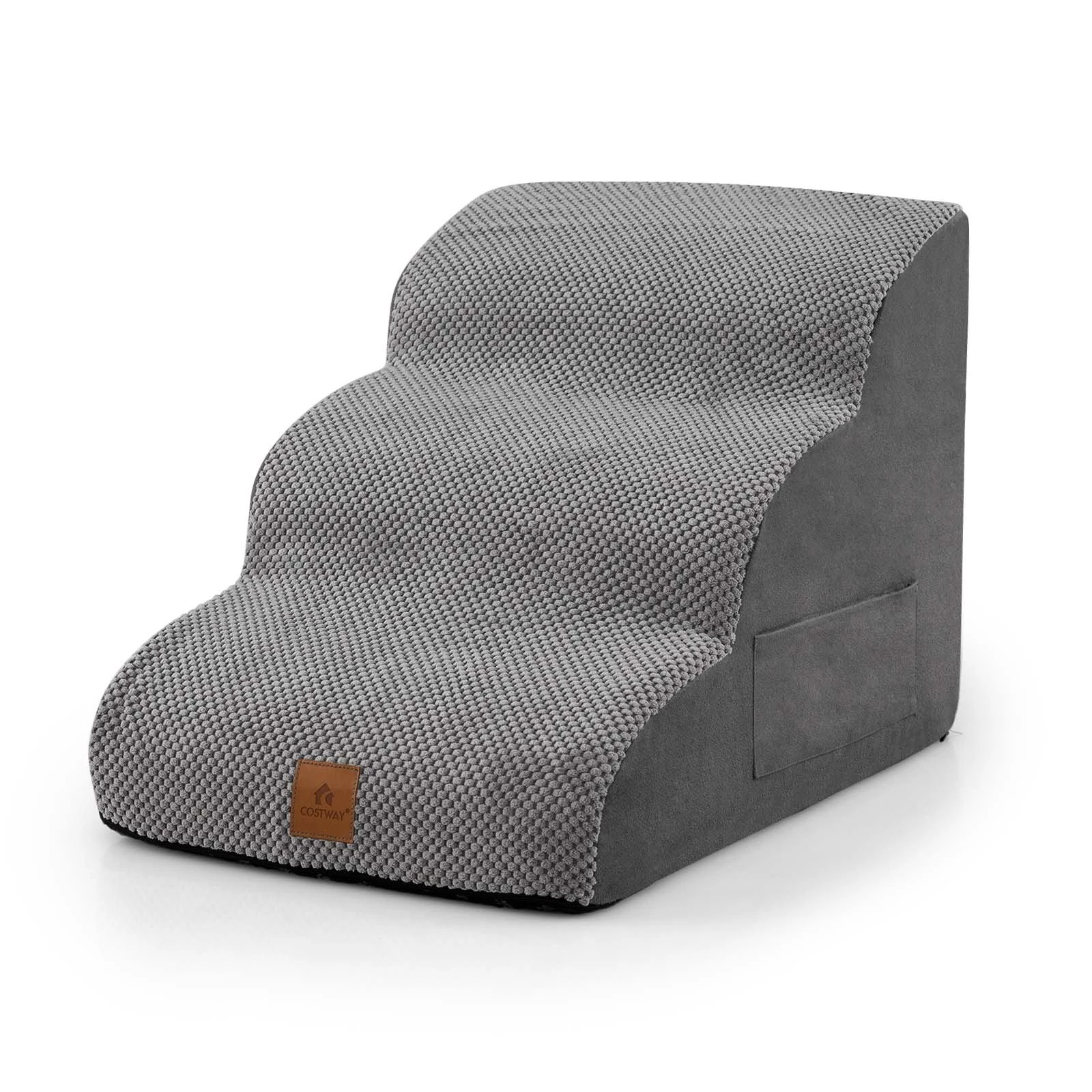 1 Costway 3-Tier Foam Dog Ramp Pet Stairs Steps w/Pet Hair Remover - Grey, 1 of 2