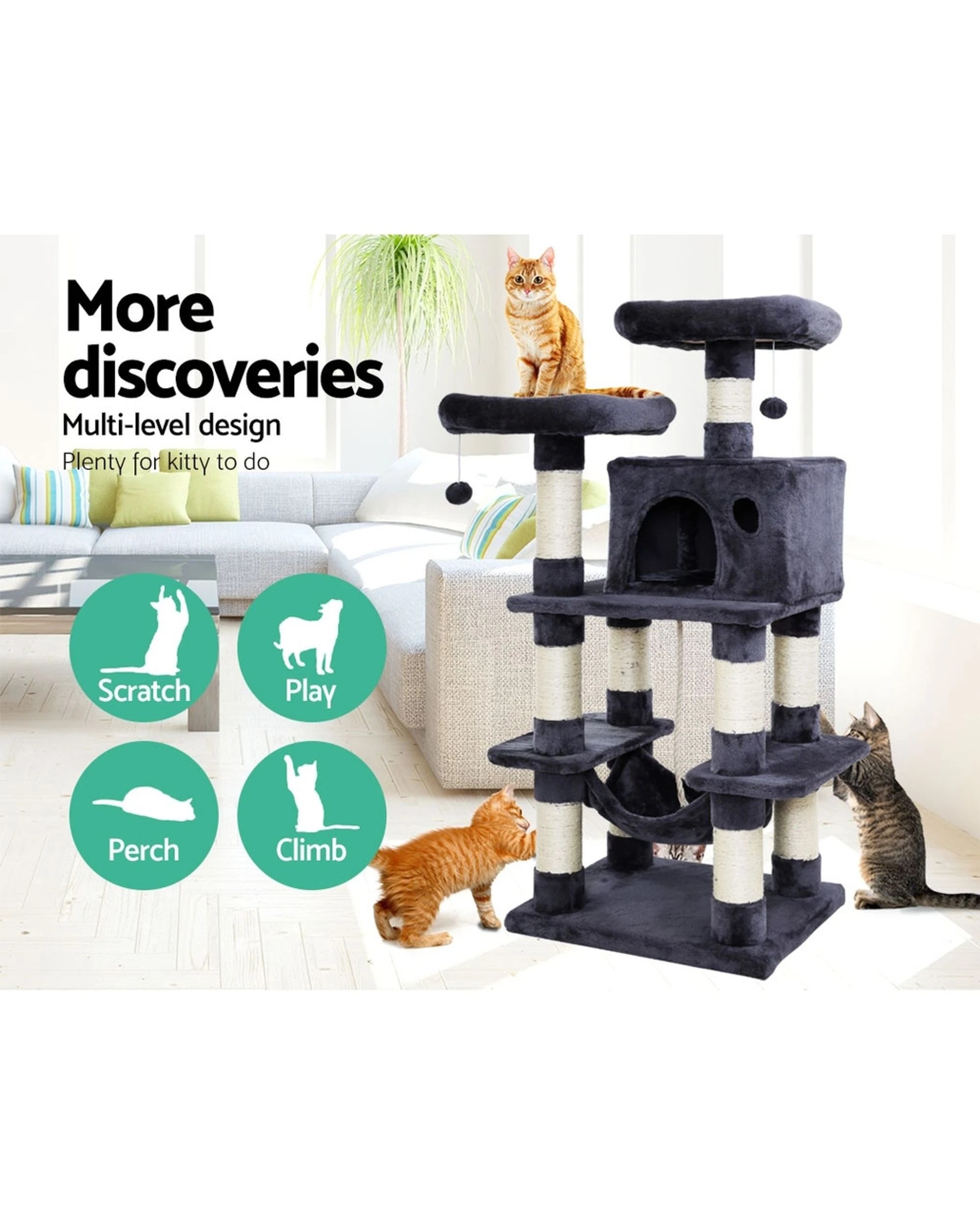 3 I.pet Cat Tree 145cm Tower Scratching Post Scratcher Wood Condo House Large Bed
 - Grey, 3 of 6
