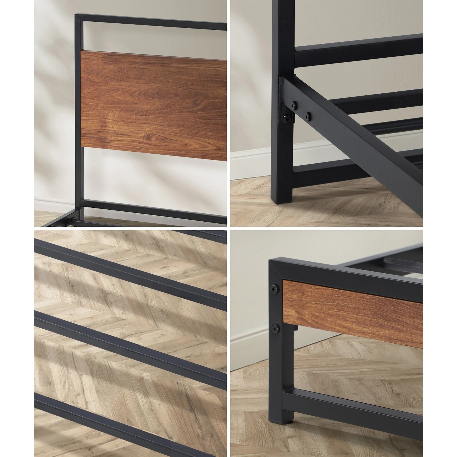 4 Oikiture Metal Bed Frame Single Size Beds Base Platform with 2 Drawers - Black, 4 of 9