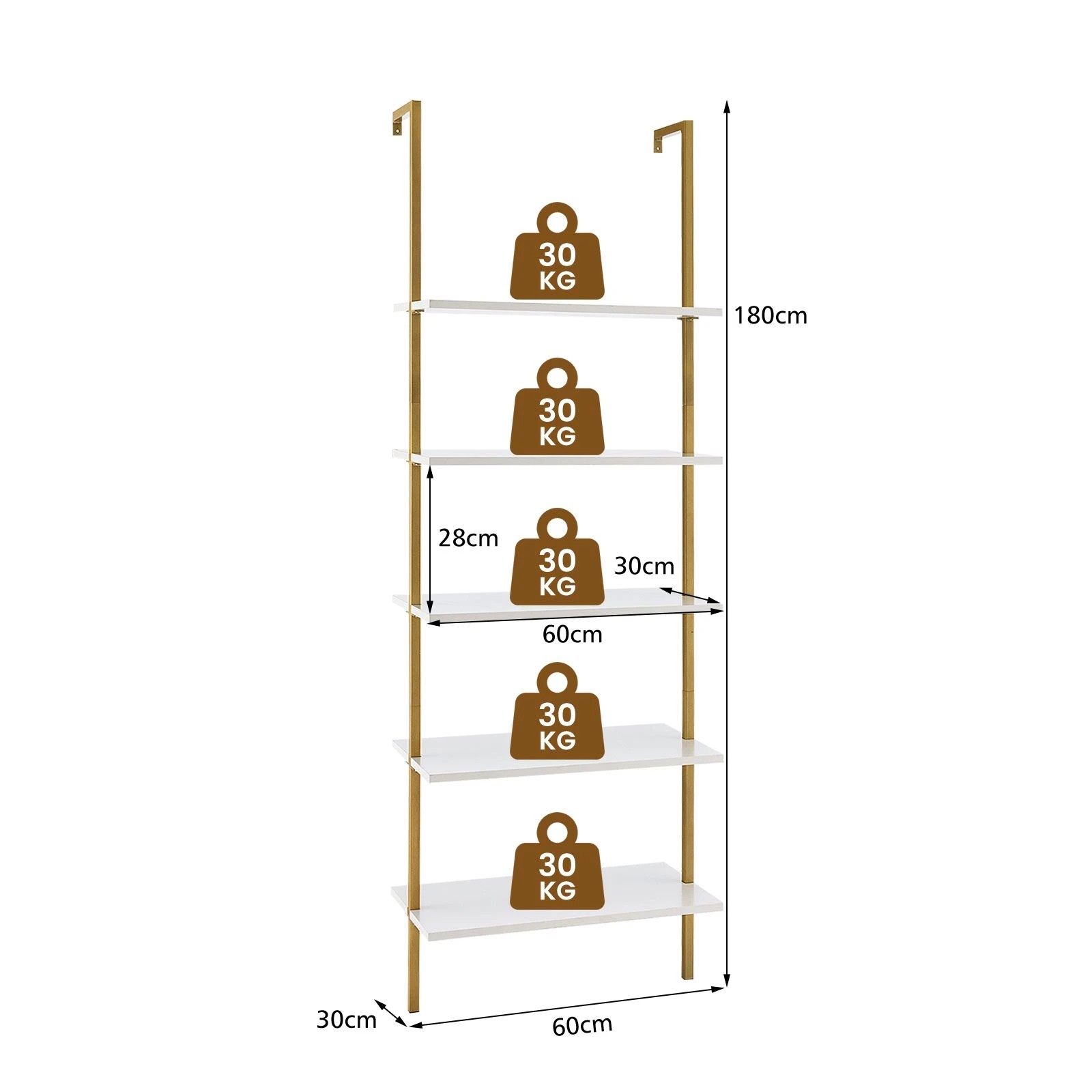 3 Costway 5-Tier Ladder Shelf Wall Mounted Bookshelf Bookcase Display Storage Rack - Gold, 3 of 4