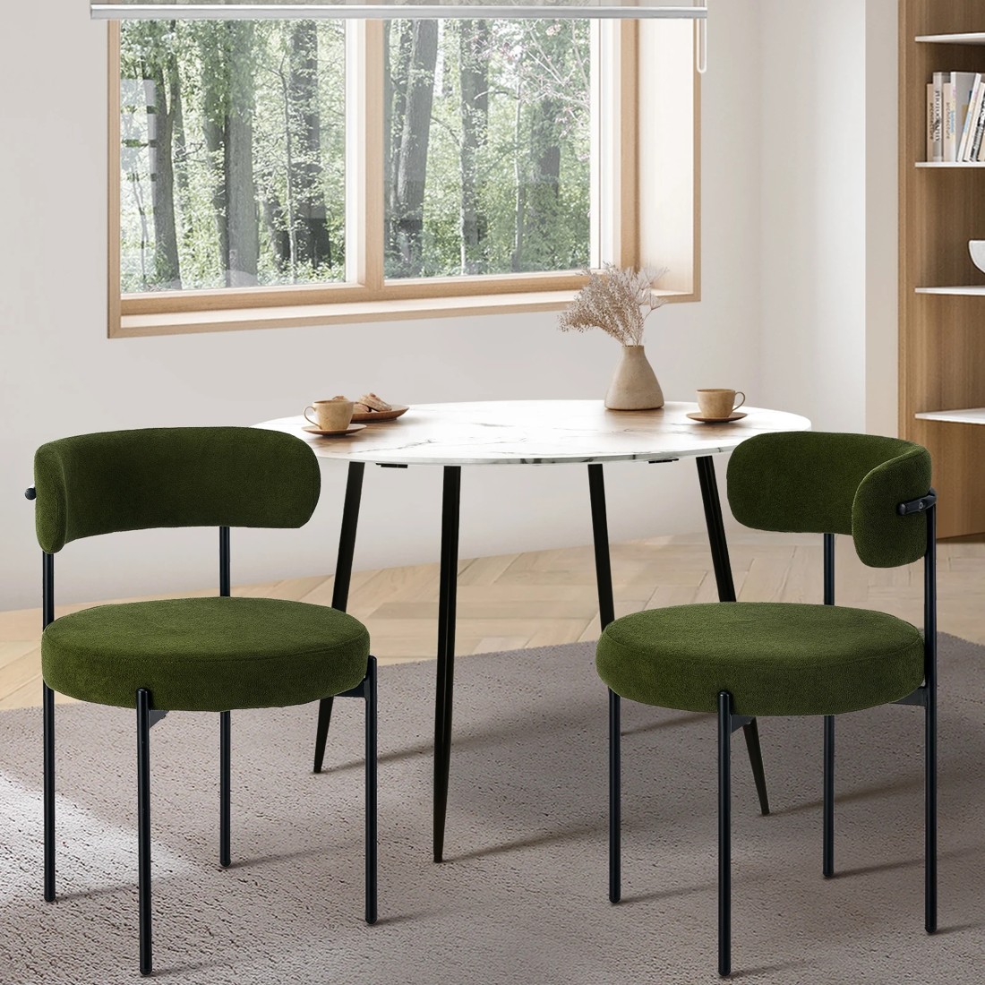 2 Oikiture 2x Dining Chair Round Boucle Kitchen Lounge Seats Backrest
 - Green, 2 of 10