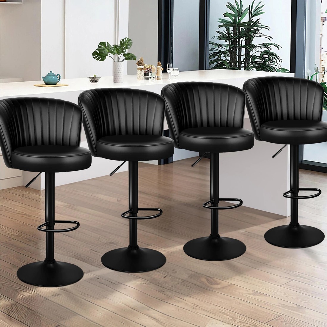 9 Alfordson 4x Bar Stools Gas Lift Leather Bar Chairs Kitchen Swivel - Black, 9 of 9