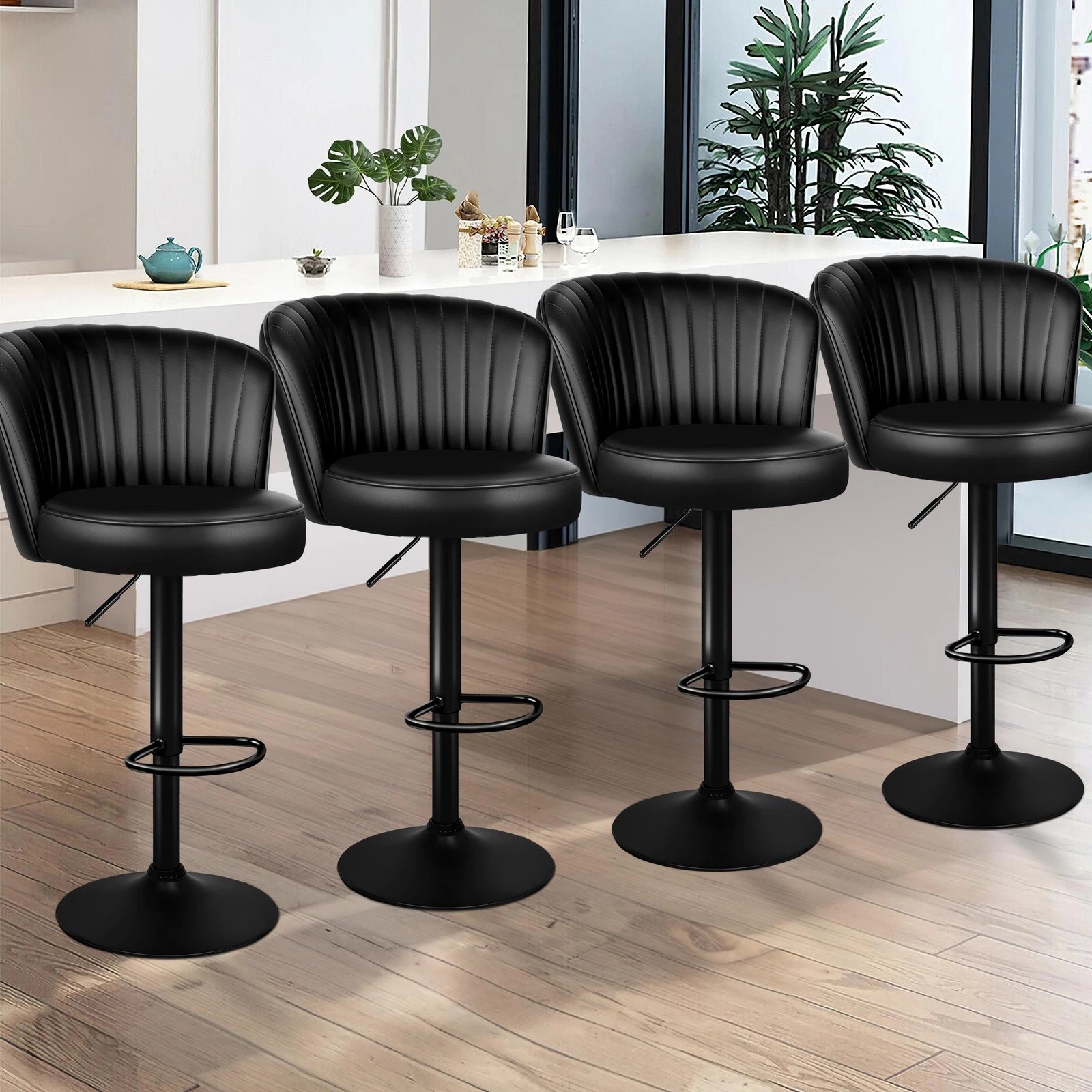 9 Alfordson 4x Bar Stools Gas Lift Leather Bar Chairs Kitchen Swivel - Black, 9 of 9
