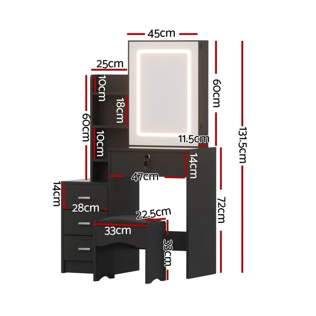 4 Artiss Dressing Table Vanity Desk Set Stool Led
 - black, 4 of 8