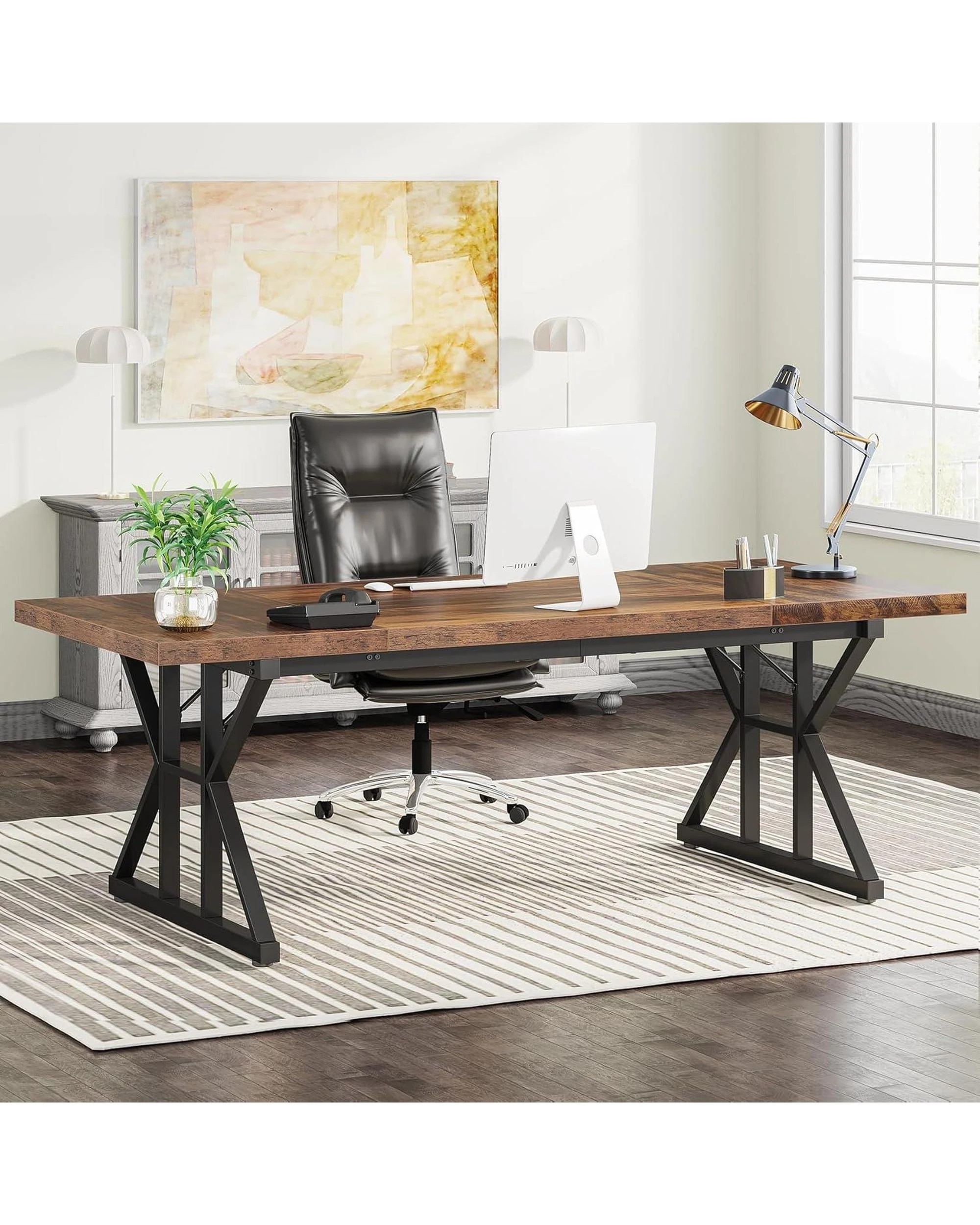 2 OAKORY 180cm Home office Desk with Metal X-shaped Trestle legs Rustic Brown and Black, 2 of 5