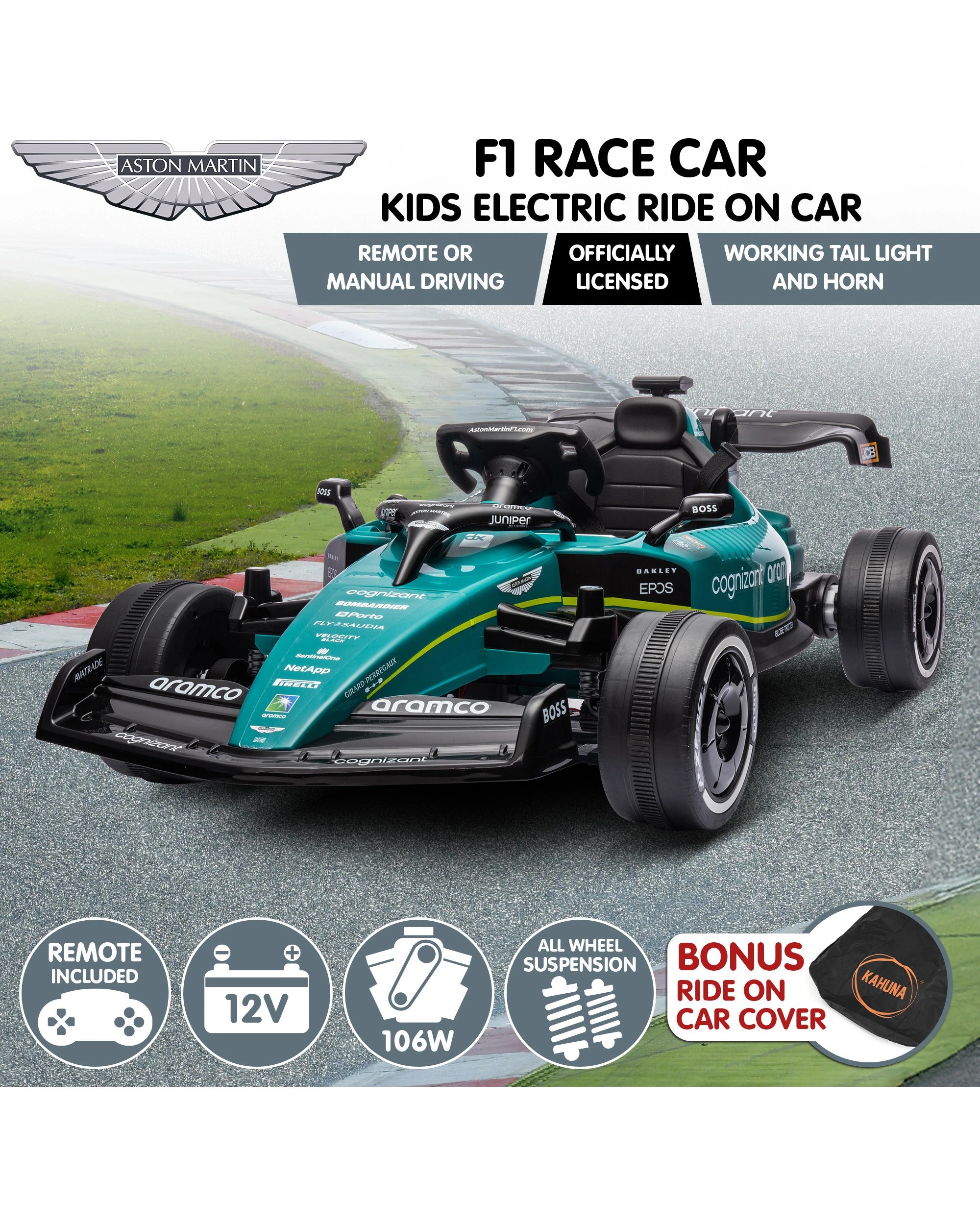 3 Kahuna Aston Martin Aramco F1 Licensed Electric Kids Ride On Race Car, 3 of 10