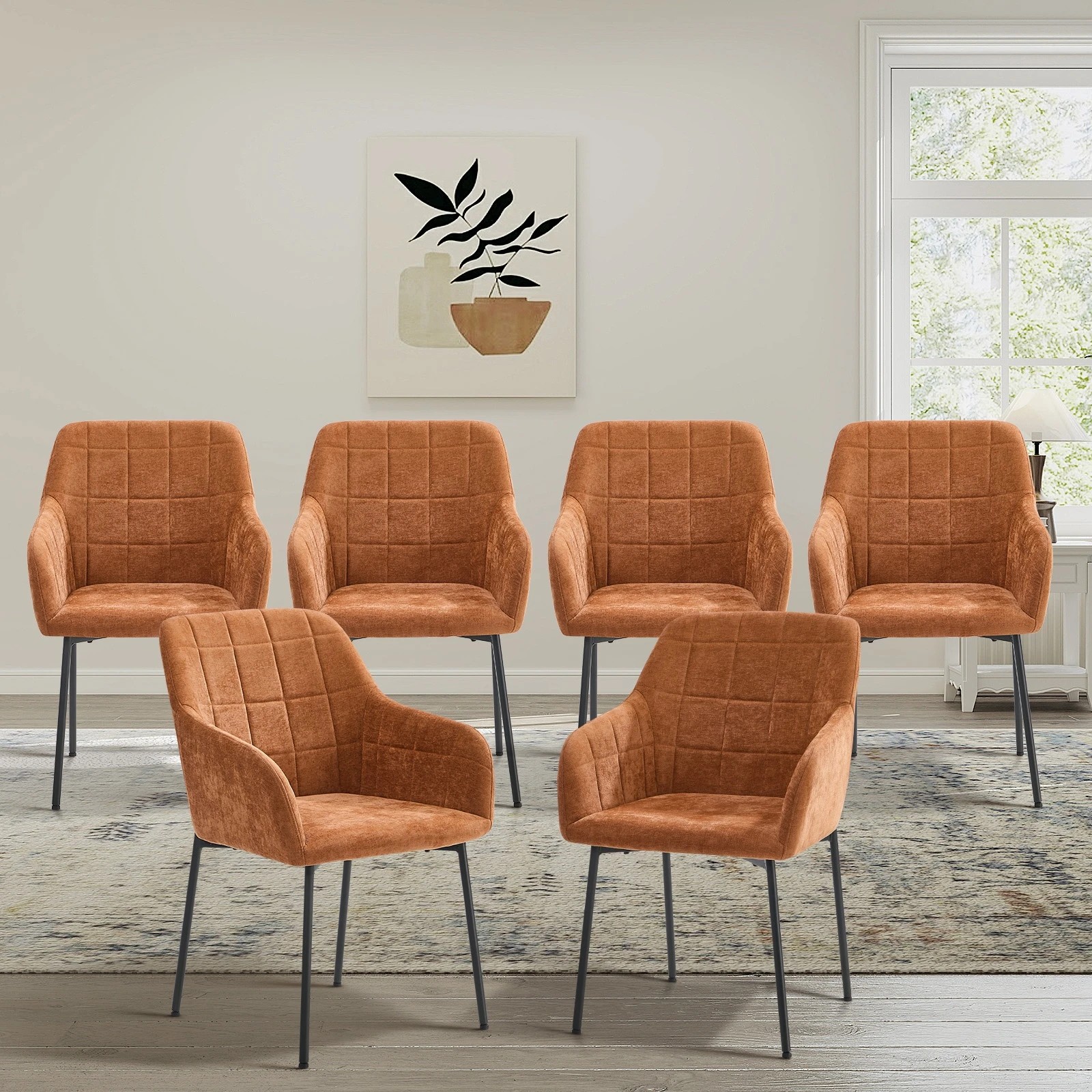 3 Oikiture 6x Dining Chairs Kitchen Accent Armchairs Chenille Fabric - Orange, 3 of 10