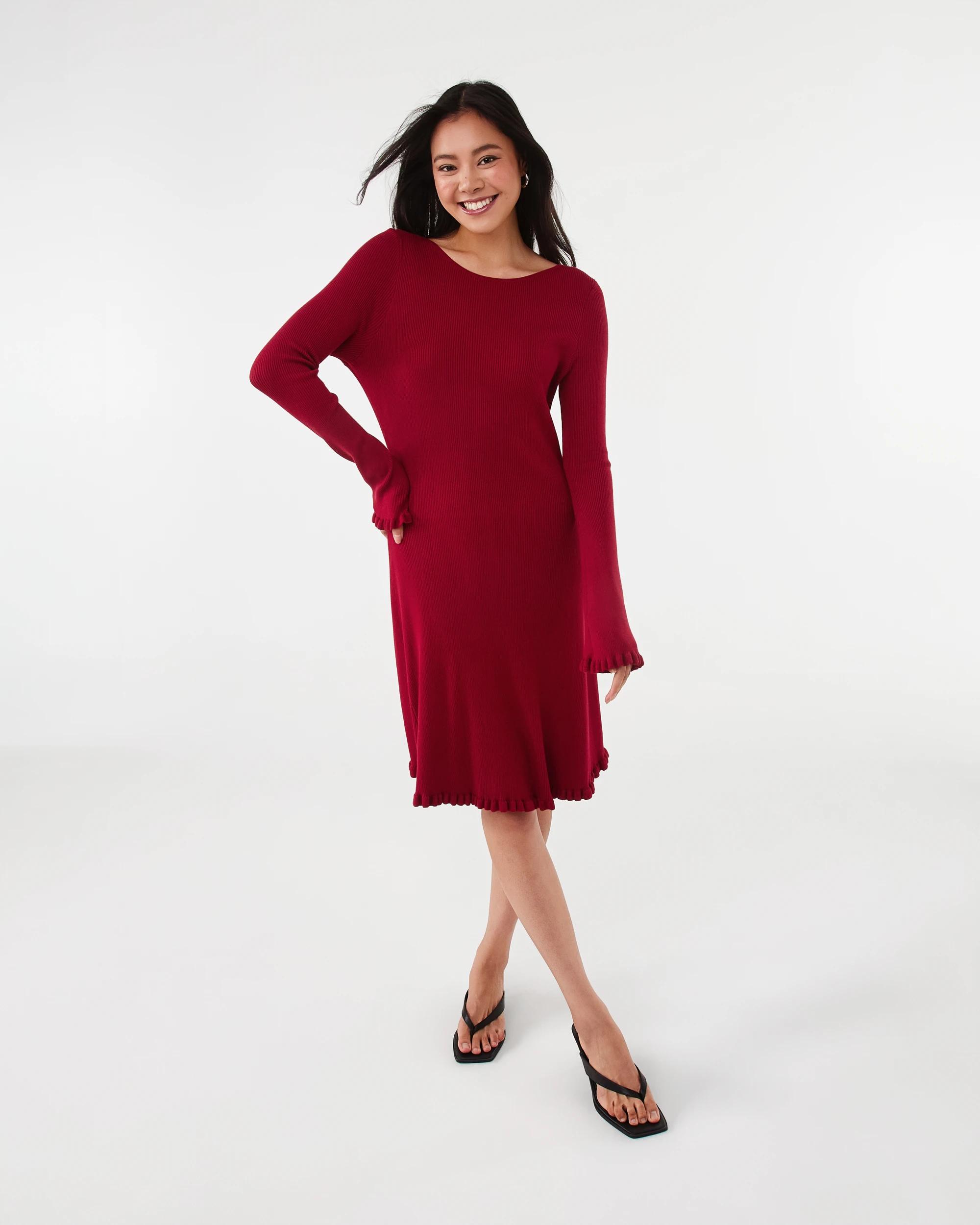2 Long Sleeve True Knit Frill Detail Mini Dress Spice Red, 2 of 8