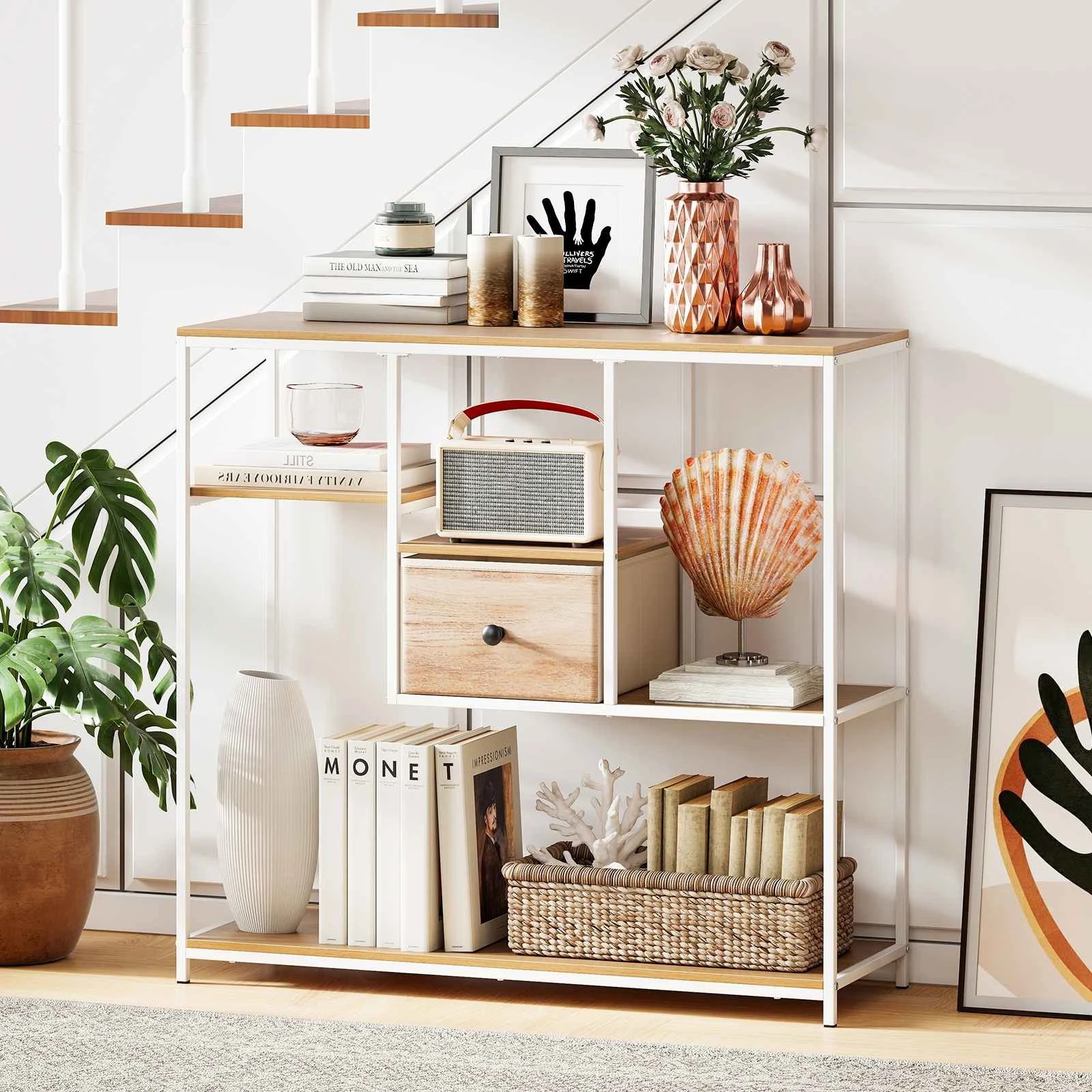 3 Costway 100cm Console Table Bookshelf 4-Tier Shoe Rack w/Drawer - Natural, 3 of 6