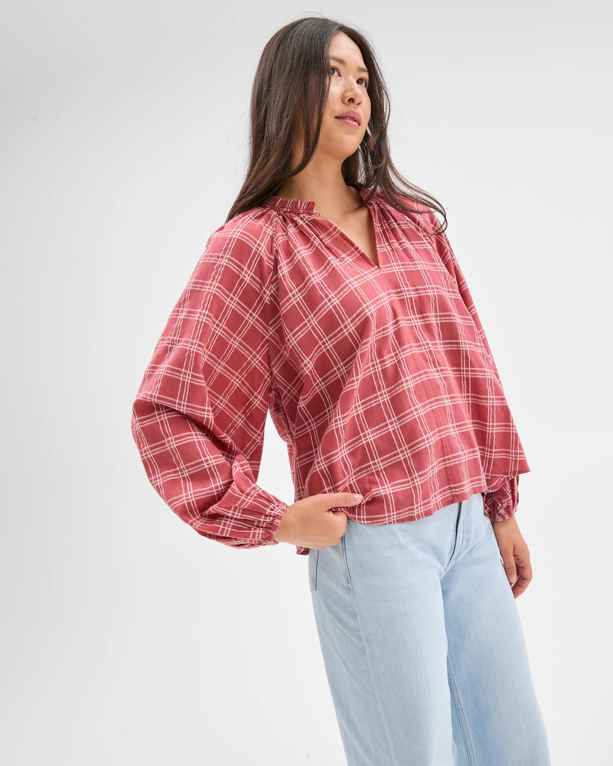 4 Target Woman Long Sleeve Check Detail Blouse MARSALA, 4 of 5