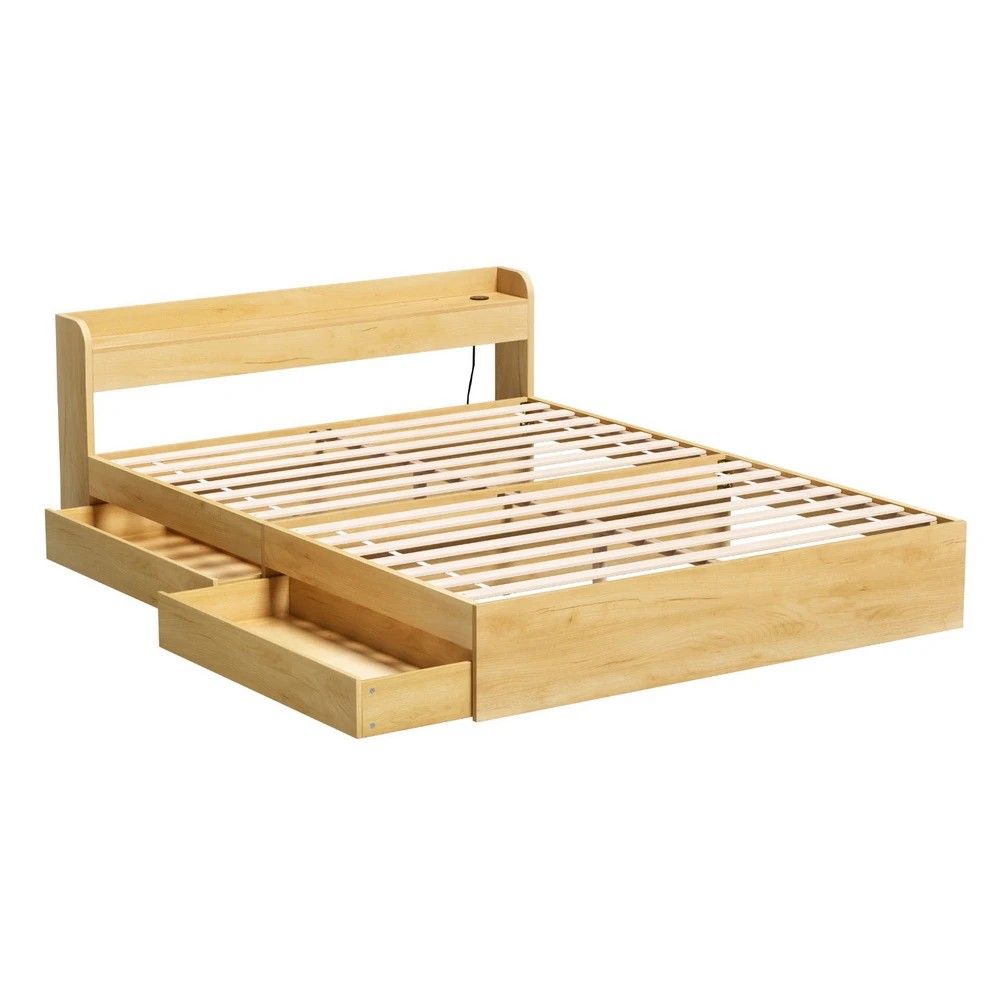 1 Artiss Bed Frame Queen Size with Charging Ports and 2 Drawers - Natural, 1 of 7