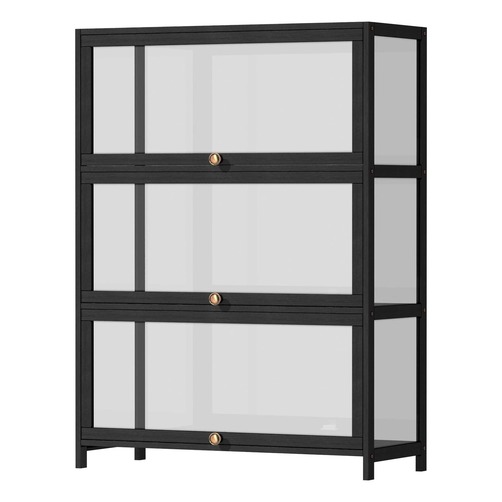 1 Oikiture Display Cabinet Storage 3-tier Shelves Clear Bookcase Stand Rack
 - Black, 1 of 9