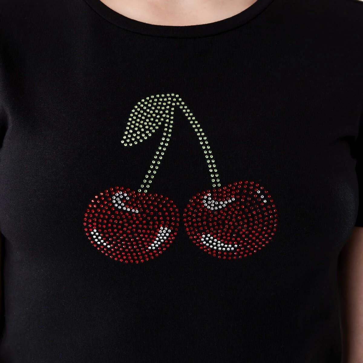 4 Short Sleeve Embellished T-shirt DIAMONTE CHERRIES BLACK, 4 of 6